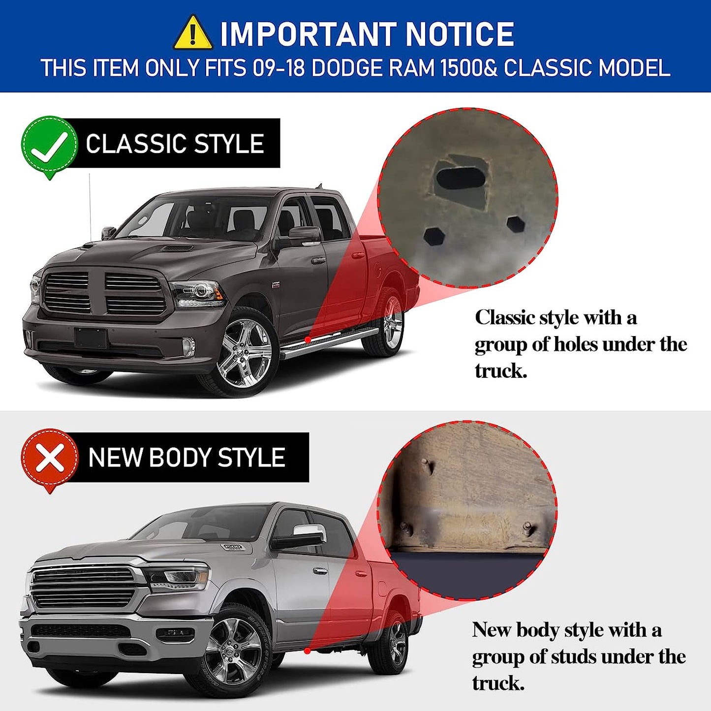 6.5¡± Running Boards Compatible with 2009-2018 Dodge Ram 1500 & 2010-2024 Ram 2500 3500 Crew Cab, Stainless Steel Side Steps T6 Style.- COMNOVA AUTOPART