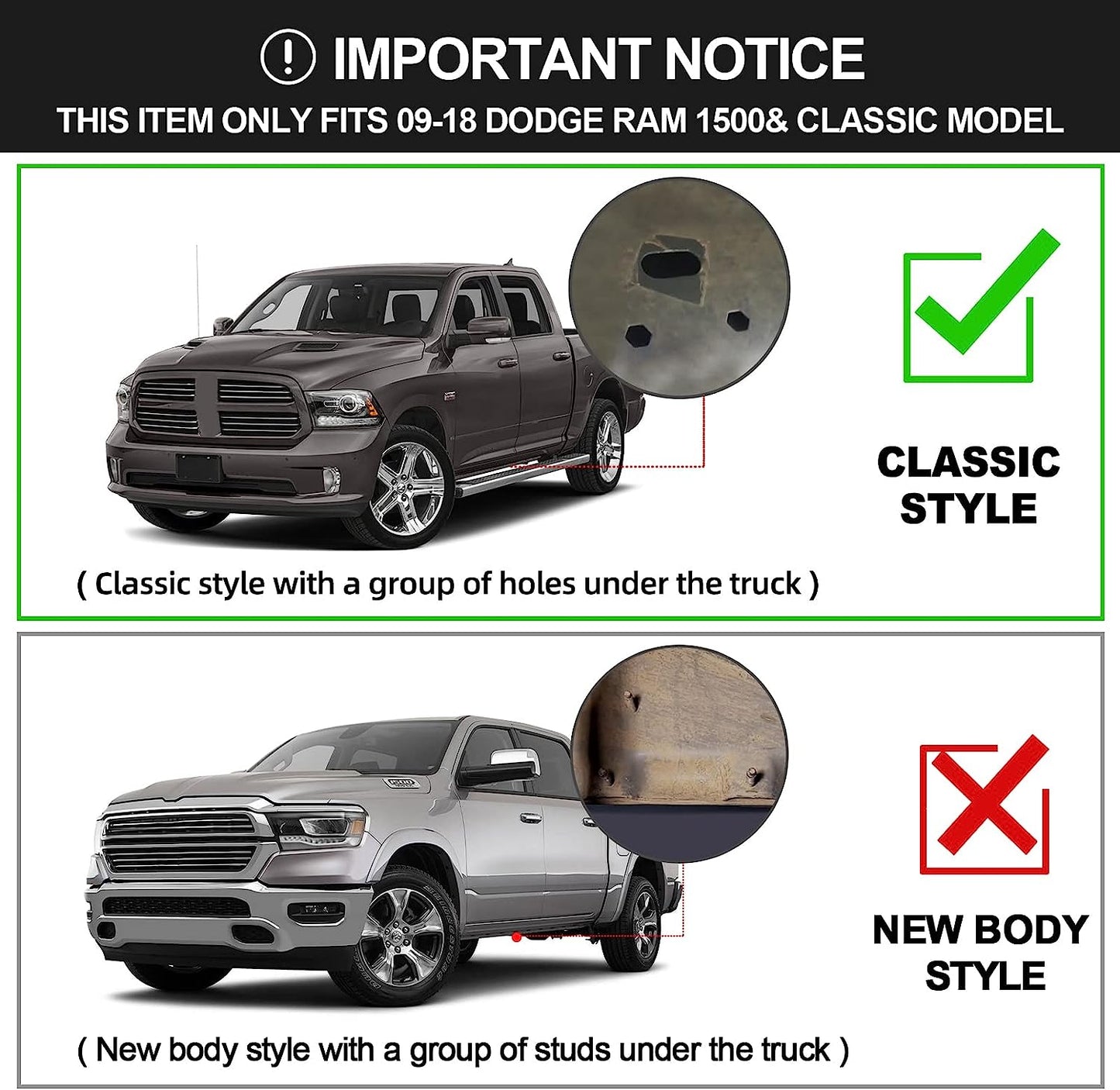 Running Boards Compatible with 2009-2018 Dodge Ram 1500 (Incl. 2019-2023 Classic), 2010-2024 2500 & 3500 Regular Cab/Standard/Single Cab H6 Style.- COMNOVA AUTOPART