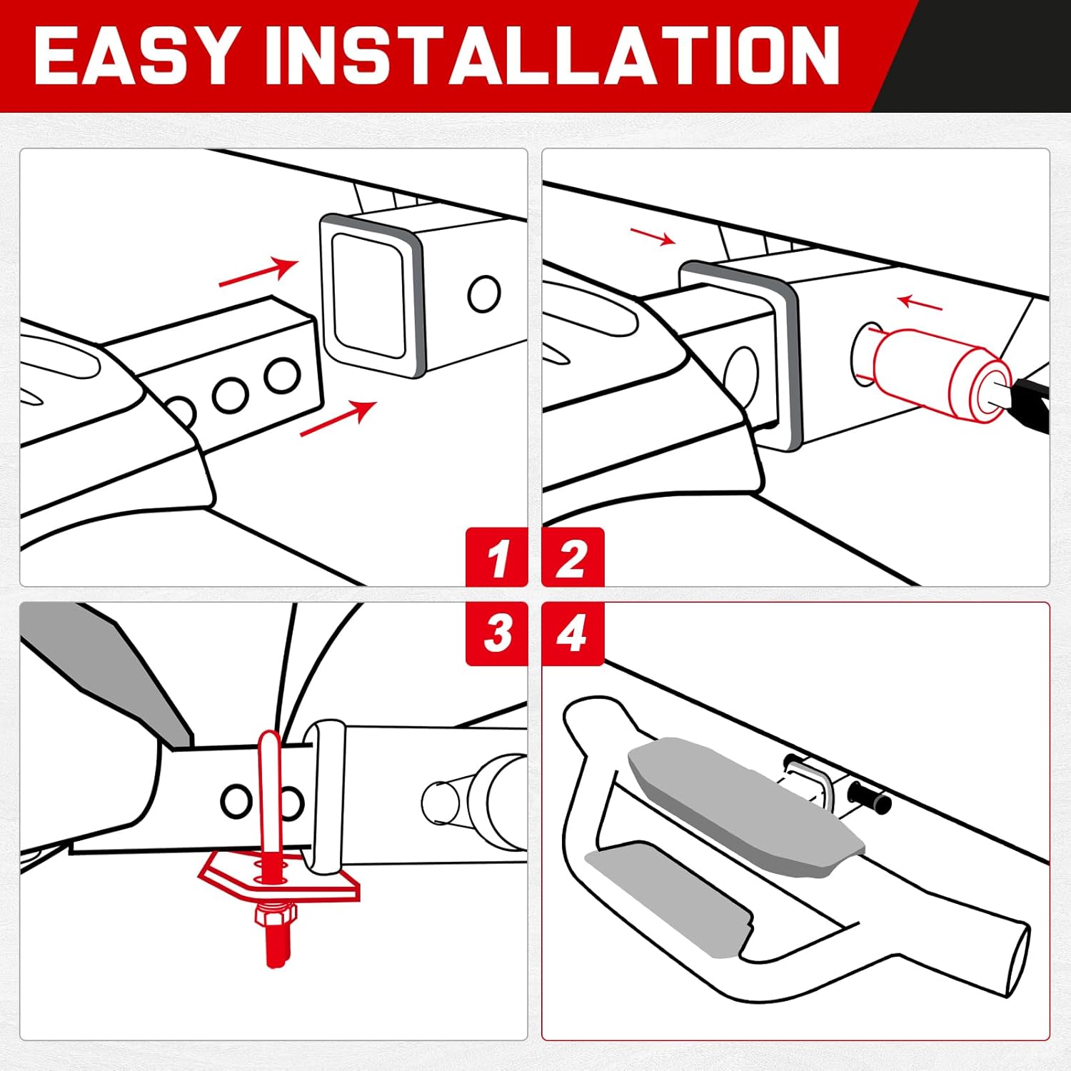 No additional modifications or drilling required, the convenient plug-and-play design simply requires the bumper protector hitch step to be placed into the vehicle's hitch receiver and secured with a pin lock.