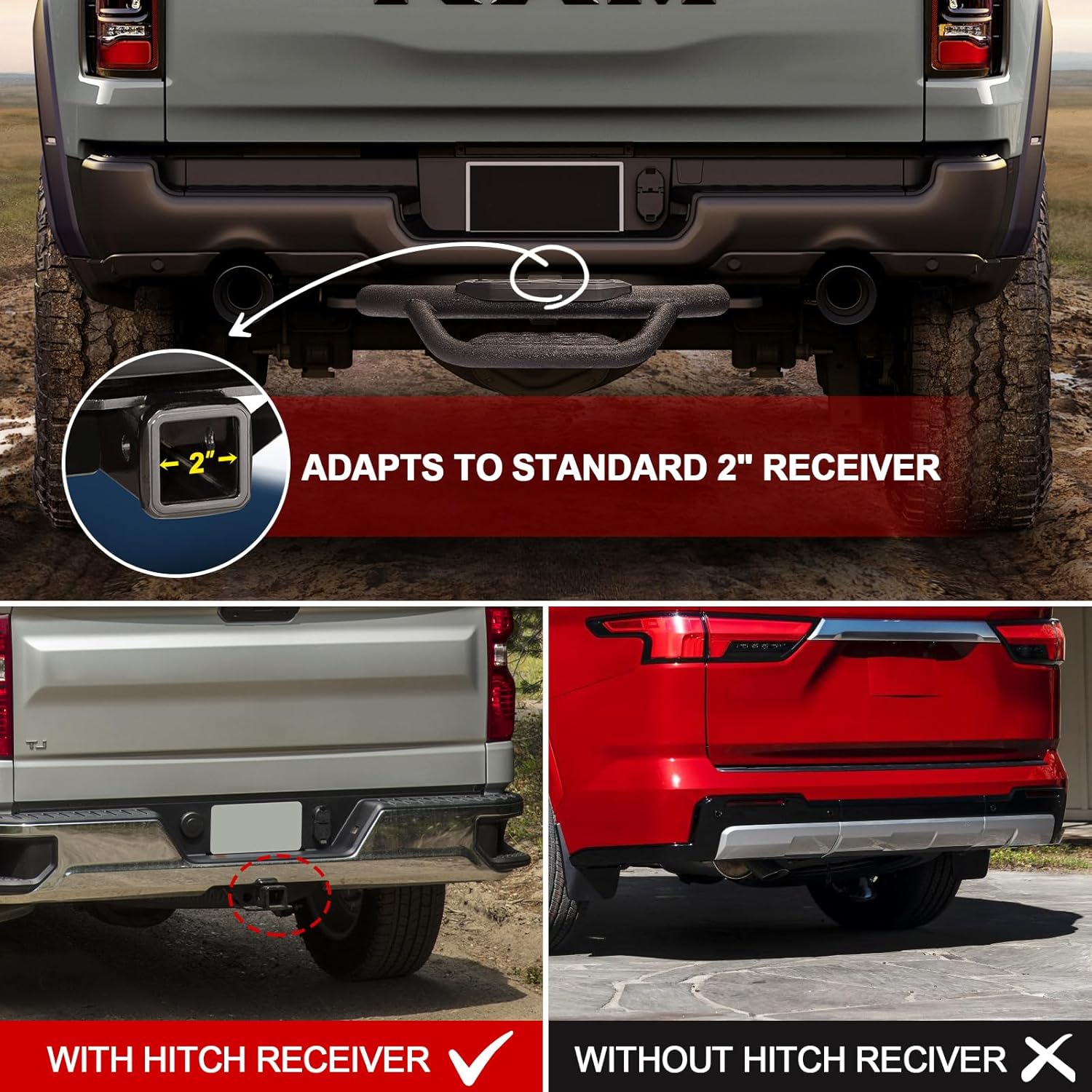 COMNOVA OTHOWE tow hitch step is a rear step that can be mounted on a variety of trailer hitch vehicles, compatible with vehicles with 2-inch hitch receivers(including pickups, SUVs, vans, etc.).