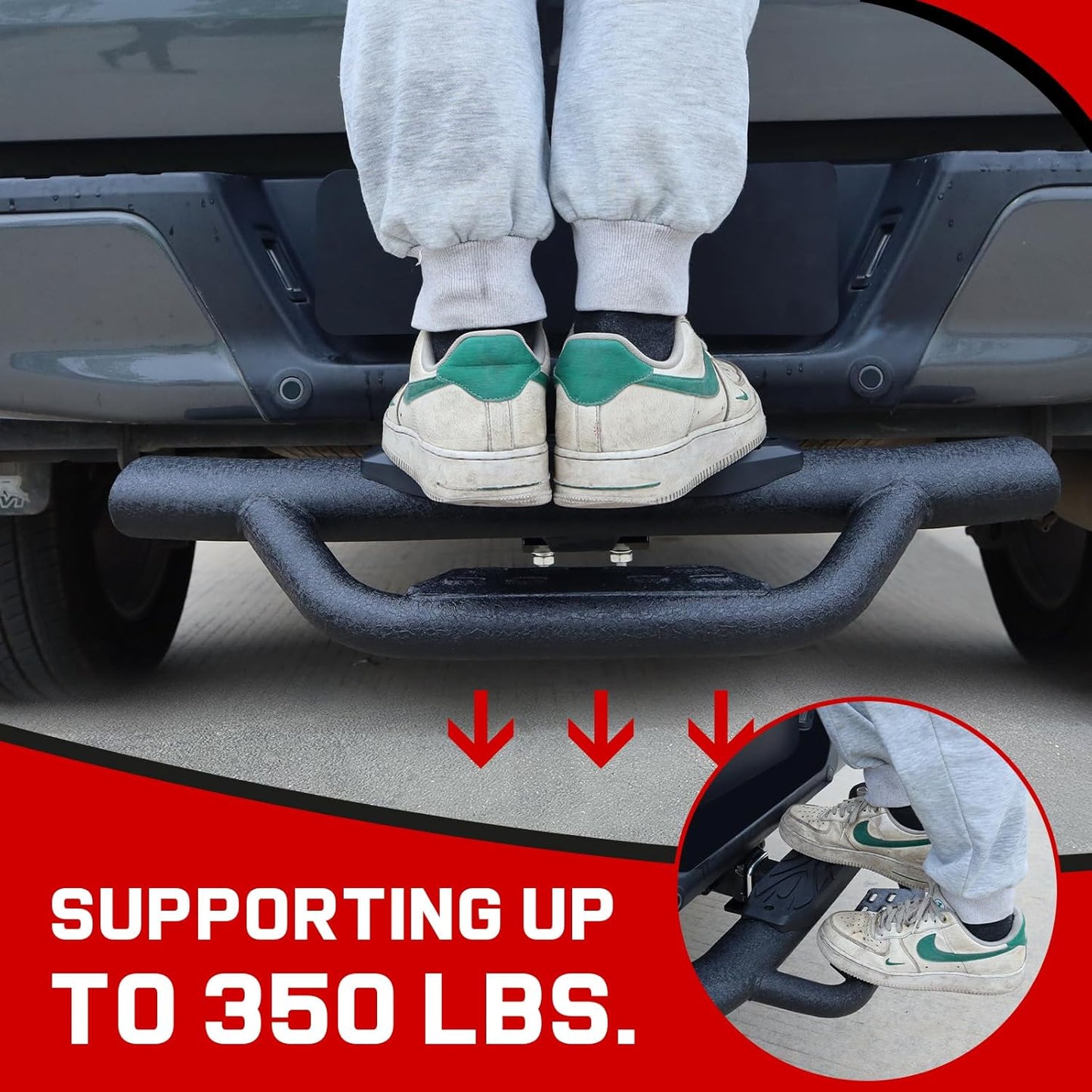 Upgraded locking pins instead of ordinary hitch pin and clip and additional stabilizers, enhances the stability of the connection between the rear bumper guard hitch steps and the vehicle, and also improves the safety of use.