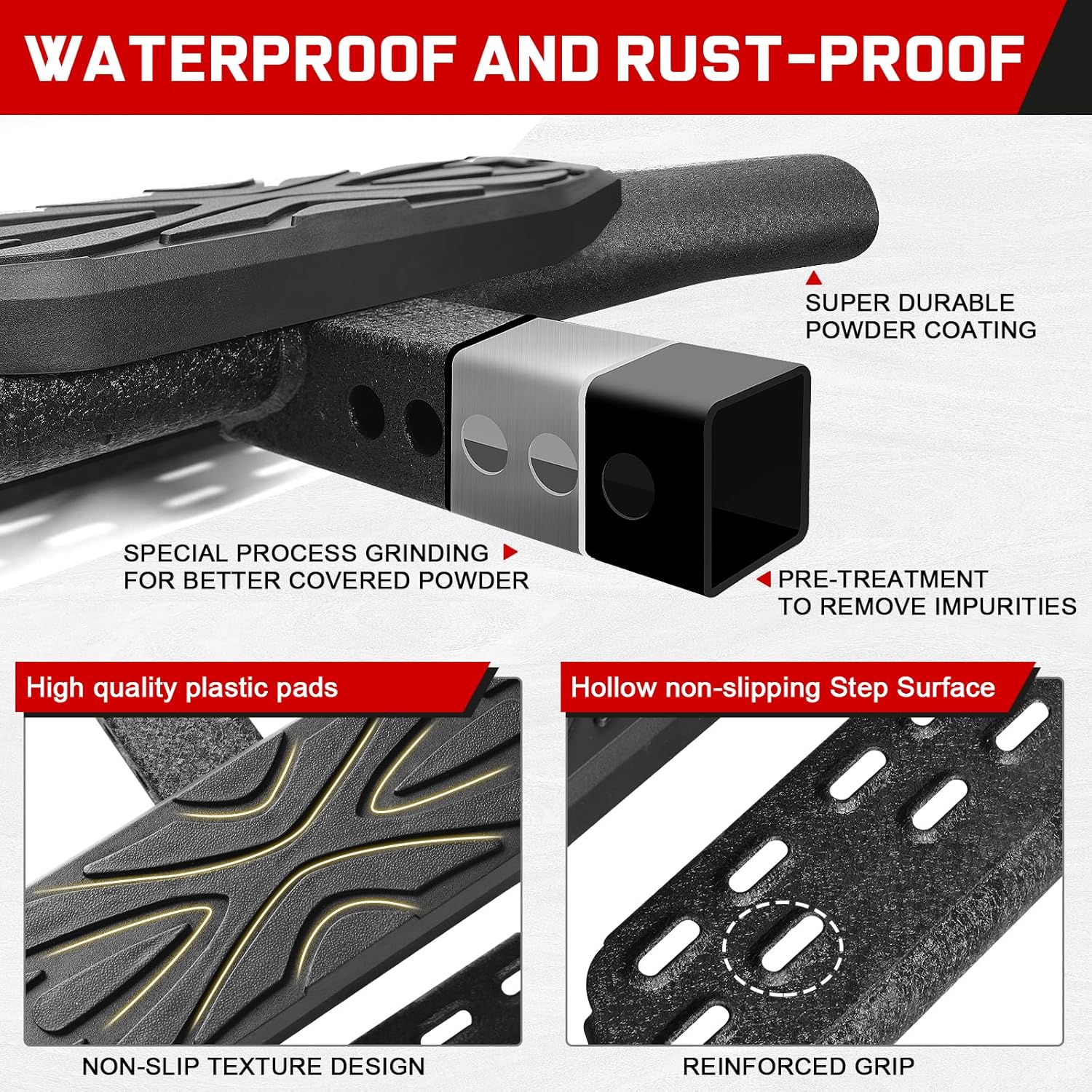 Receiver hitch step constructed from heavy-duty carbon steel, capable of supporting up to 350 lbs. Protected with a rust-proof dual-stage textured black powder to withstand the severe weather and ensure long-lasting durability.