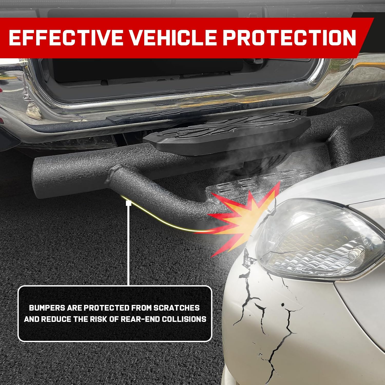 Truck hitch steps not only reduce bumper scratches and collision damage, but also protect your vehicle and passengers to reduce the damage caused by rear-end collisions.
