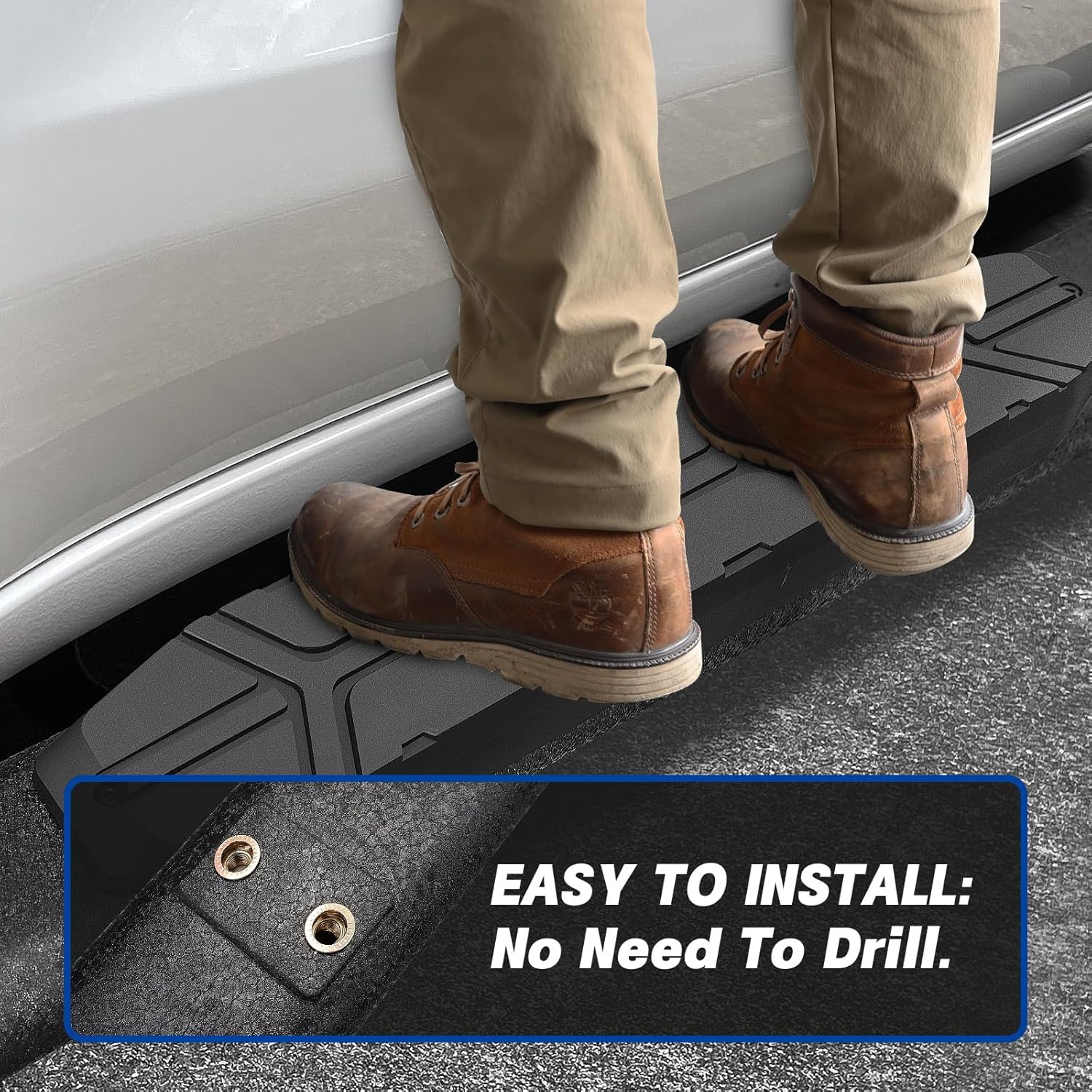 EASY TO INSTALL: Non welded design of product, just mounted it, direct bolt on, no need to drill. The items include: 2 running boards(left and right), brackets, hardware, detailed instructions.