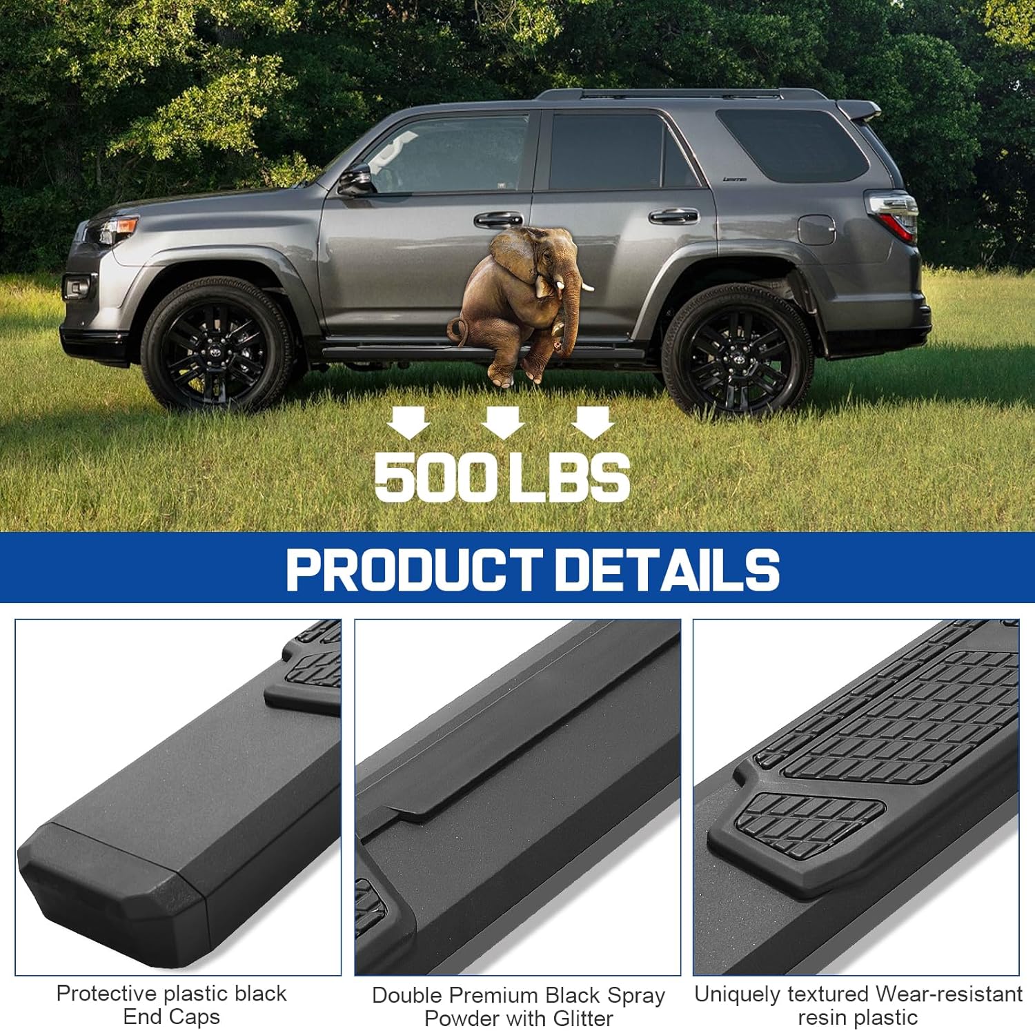 COMNOVA Tacoma running boards are made of aluminum with non-slip plastic pads. durable aluminum constructions have good corrosion resistance and are more lightweight. Aluminum treads can be used in a variety of harsh environments, such as heavy snow and acid rain.