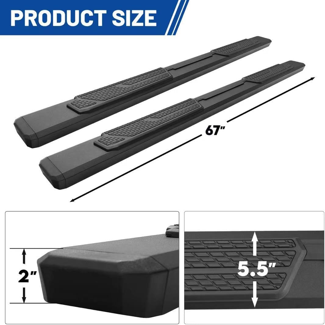 Total running boards length is 67 inches, thickness is two inches, width is 5.5 inches