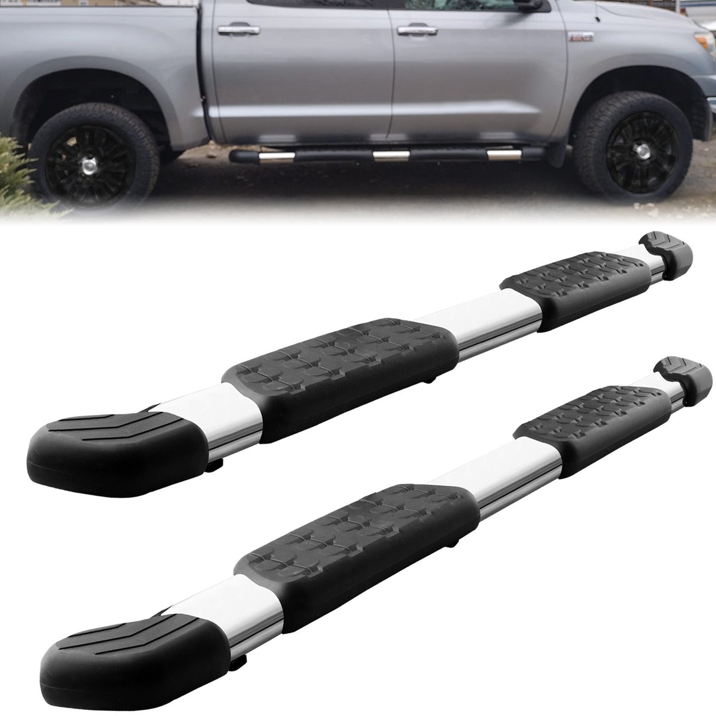 Running Boards Compatible for 2007-2021 Toyota Tundra Crew Max C43 Style, Stainless Steel.