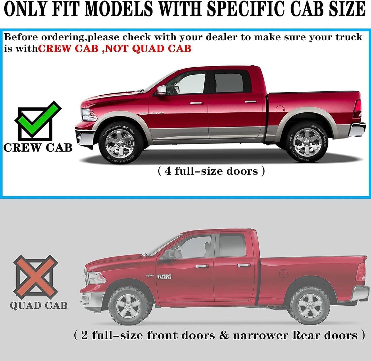 Only fits Crew Cab with 4 full-size doors,not for 2 full-size front doors and narrower Rear doors -COMNOVA AUTOPART