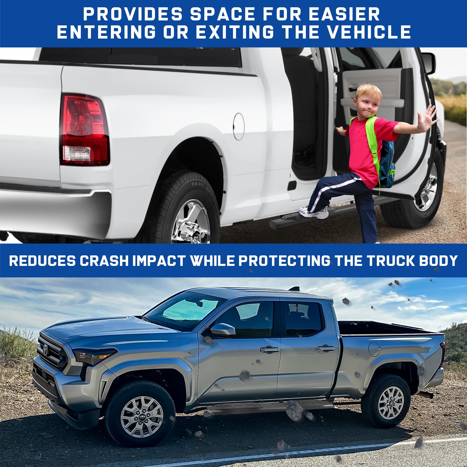 provides space for easier entering or exiting the vehicle, reduces crash impact while protecting the truck body - COMNOVA AUTOPART