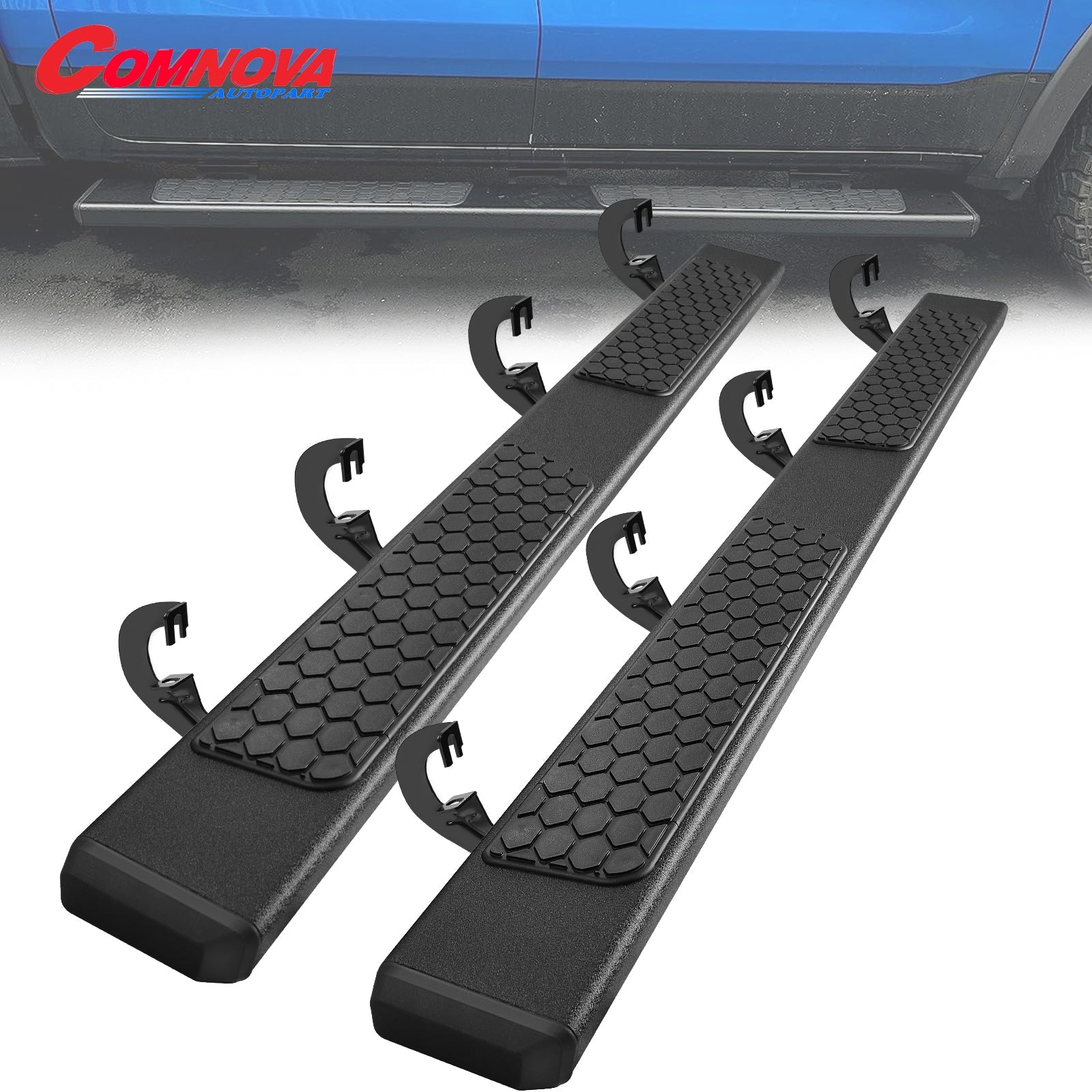 Black Running Boards Compatible with 2007-2018 Chevy Silverado/GMC Sierra 1500 2500 3500 Crew Cab & 2019 Silverado/Sierra 2500HD 3500HD Crew Cab DH6 Style.- COMNOVA AUTOPART