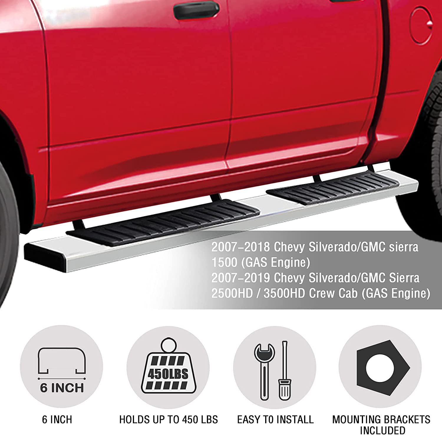 Running Boards Compatible with 2007-2018 Chevy Silverado/GMC Sierra 1500 2500 3500 Crew Cab & 2019 Silverado/Sierra 2500HD 3500HD Crew Cab H6 Style. - COMNOVA AUTOPART