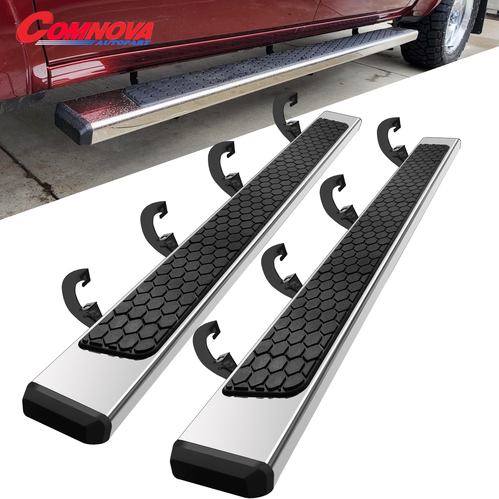 Running Boards& Steps Nerf Bars Compatible with 2019-2024 Chevy Silverado/GMC Sierra 1500 Crew Cab, 2020-2024 Silverado/Sierra 2500HD 3500HD Crew Cab H6&D6 Style.- COMNOVA AUTOPART