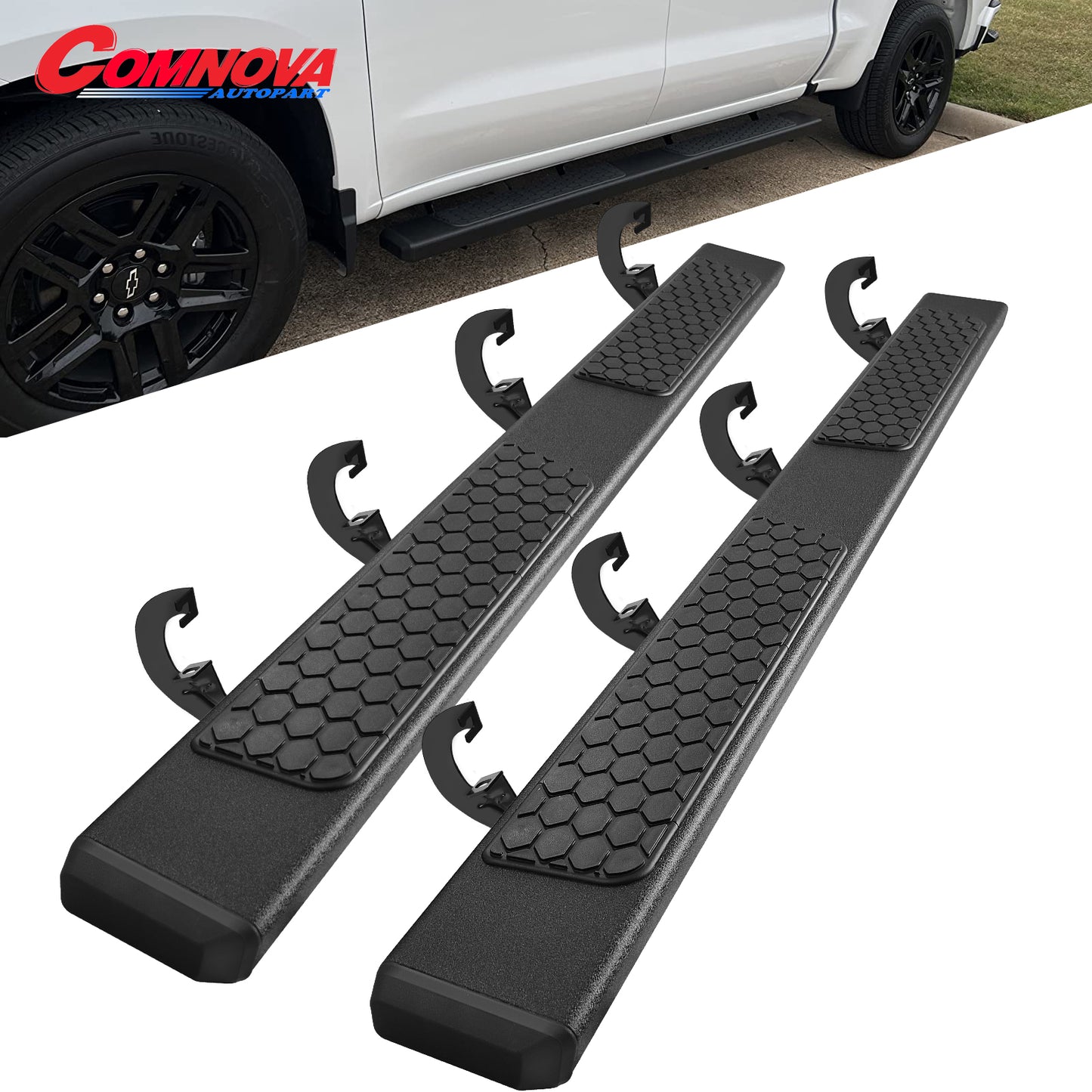 Black Running Boards for 2019-2024 Chevy Silverado/GMC Sierra 1500 Crew Cab & 2020-2024 Siverado/Sierra 2500HD 3500HD Crew Cab DH6 Style.- COMNOVA AUTOPART