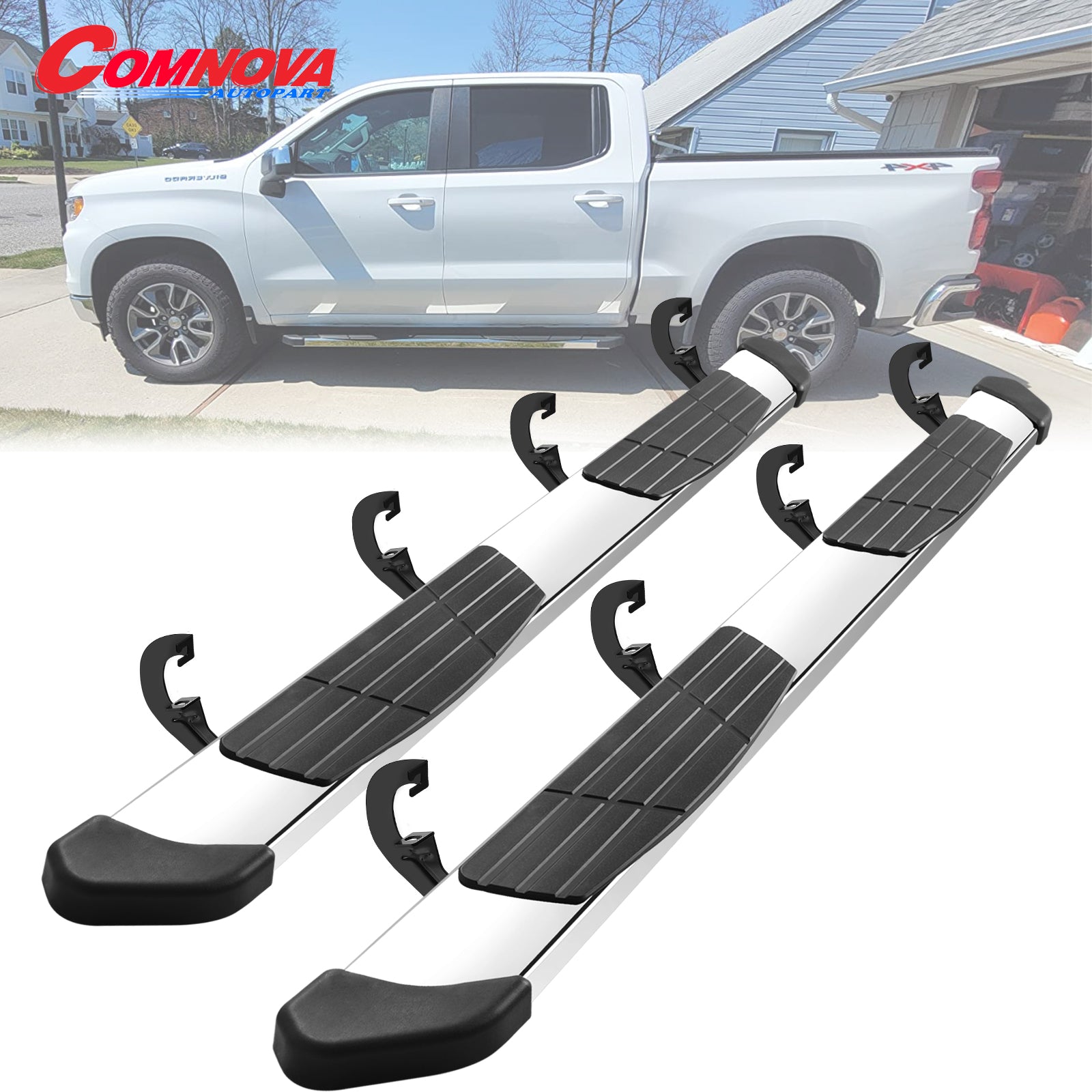 6.5” Running Boards Compatible with 2019-2023 Chevy Silverado/GMC Sierra 1500|2020-2023 Silverado/Sierra 2500 3500 Crew Cab, Stainless Steel Side Steps T6 Style. - COMNOVA AUTOPART