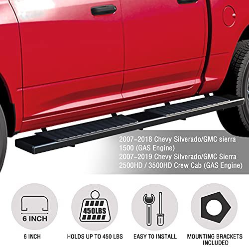 Black Running Boards Compatible with 2007-2018 Chevy Silverado/GMC Sierra 1500 2500 3500 Crew Cab & 2019 Silverado/Sierra 2500HD 3500HD Crew Cab H6 Style.- COMNOVA AUTOPART