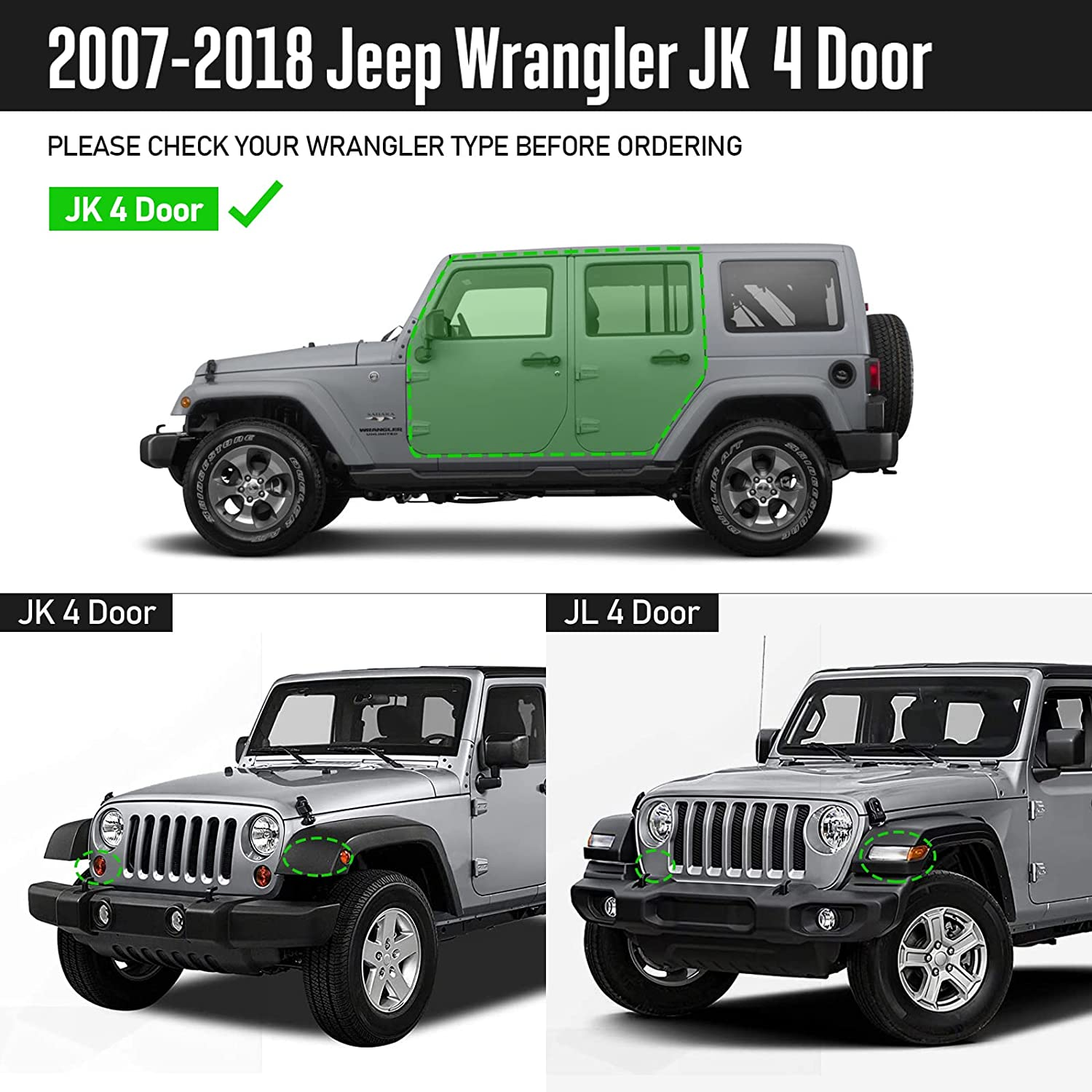 Black Running Boards for 2007-2018 Jeep Wrangler JK 4 Doors D6 Style. - COMNOVA AUTOPART