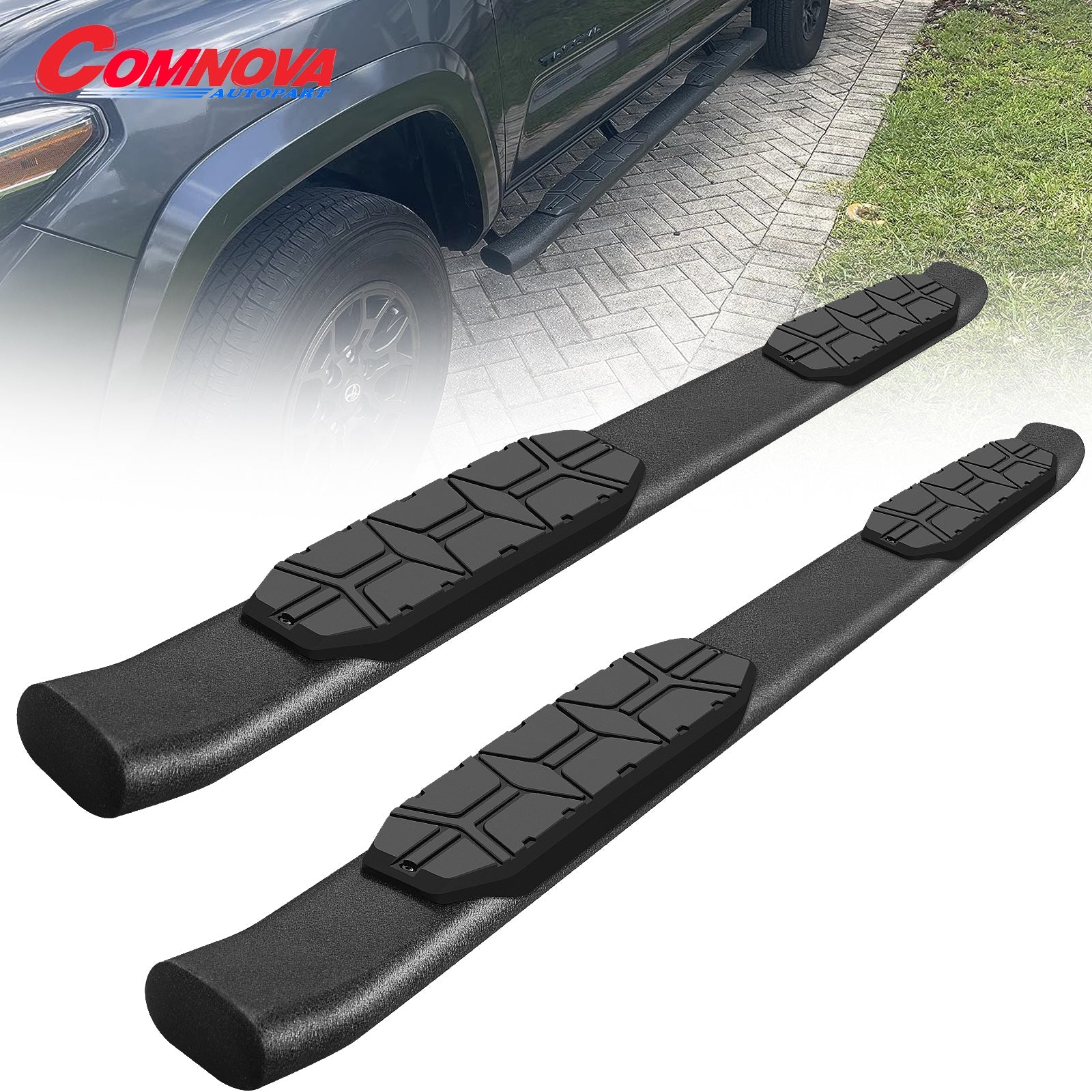 Running Boards Compatible with 2024 Toyota Tacoma Double with 4 Full-Size Doors. 4.3 Inches Oval Nerf Bars 5X Style. - COMNOVA AUTOPART