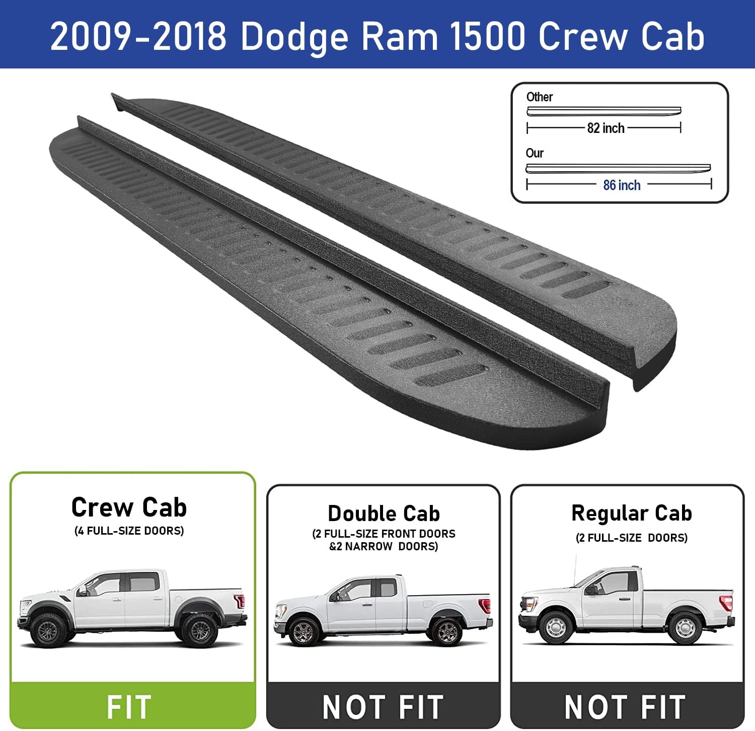 Running Boards Compatible with 2009-2018 Dodge Ram 1500 & 2010-2024 Ram 2500 3500 & 2019-2023 Dodge Ram 1500 Classic Crew Cab, Side Steps D7 Style.- COMNOVA AUTOPART