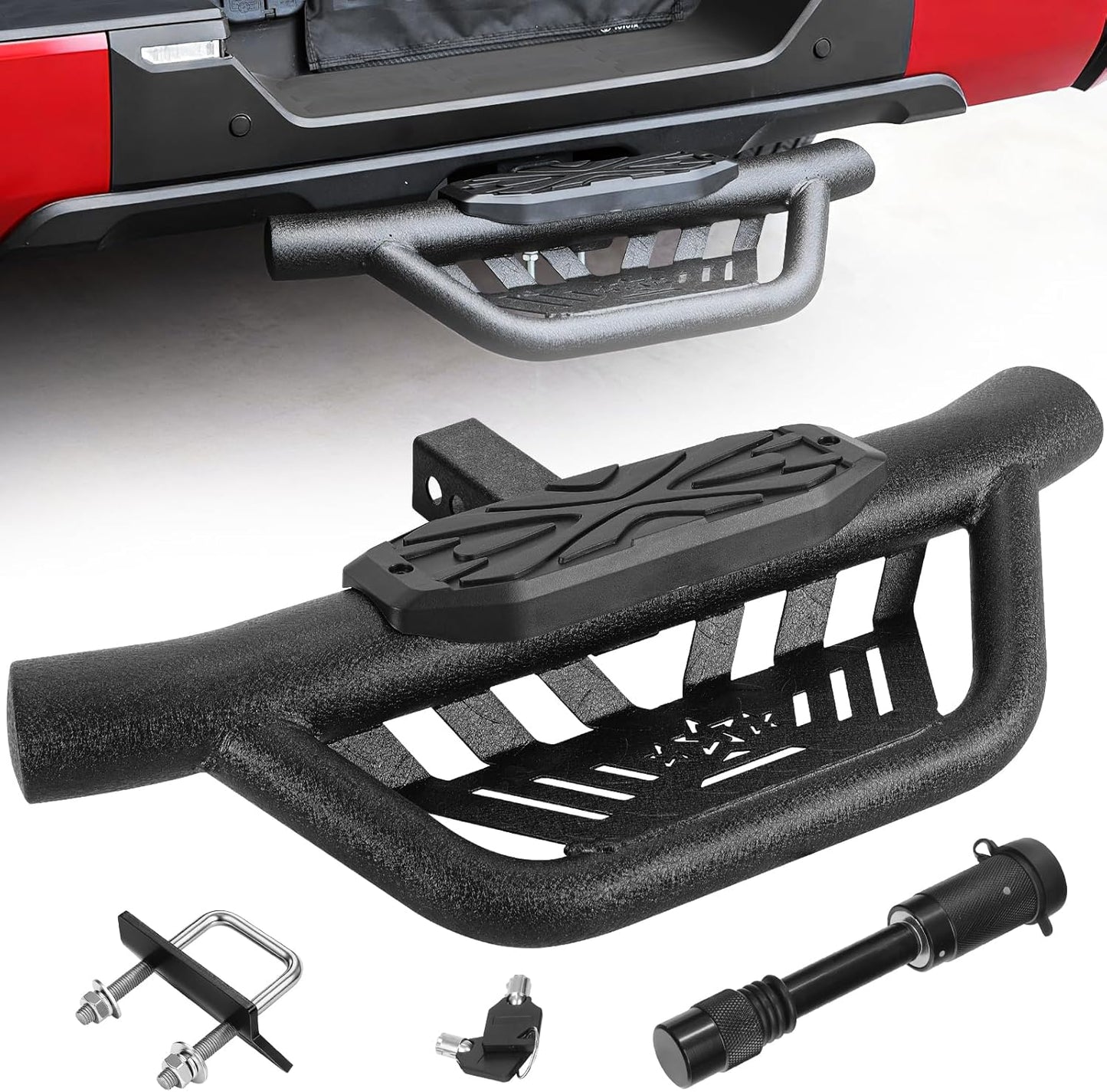 COMNOVA Double Layer Tow Hitch Step for 2" Hitch Receiver, Carbon Steel with Dual-Stage Black Powder Anti-Slip Trailer Hitch Step Universal Fit for Trucks SUV Car Van