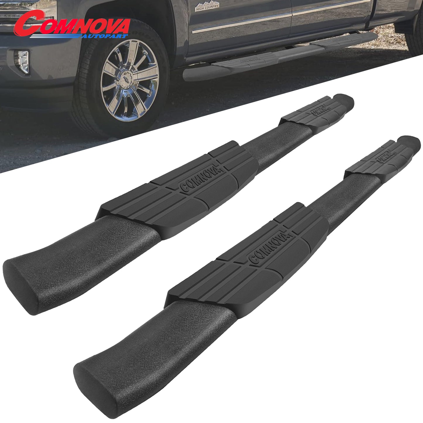 Running Boards Compatible with 2005-2023 Toyota Tacoma Double Cab with 4 Full-Size Doors. Oval Texturel Step Rails Side Steps 9X Style. - COMNOVA AUTOPART