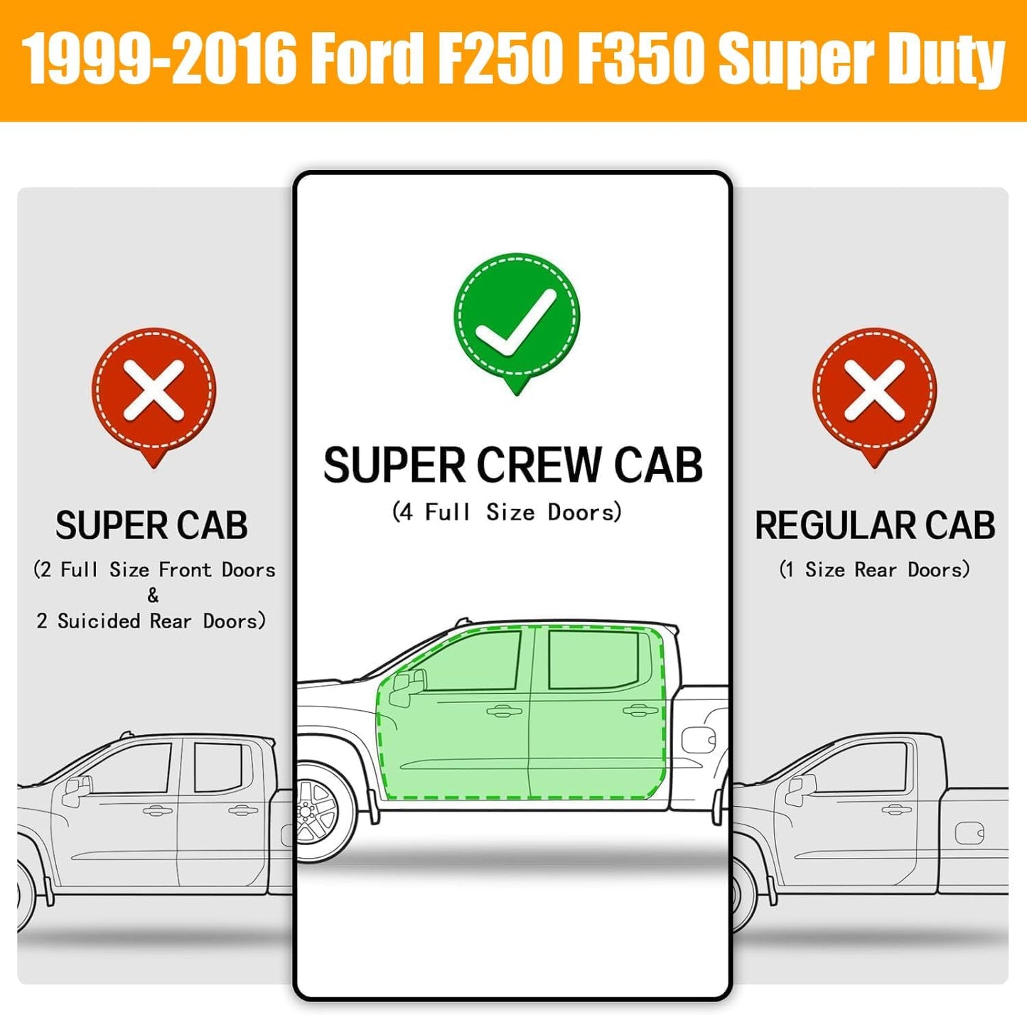 FITMENT: Truck running boards compatible with 1999-2016 Ford F250 F350 F450 superduty crew cab. Only compatible with crew cab. Please check the cab size before purchase.