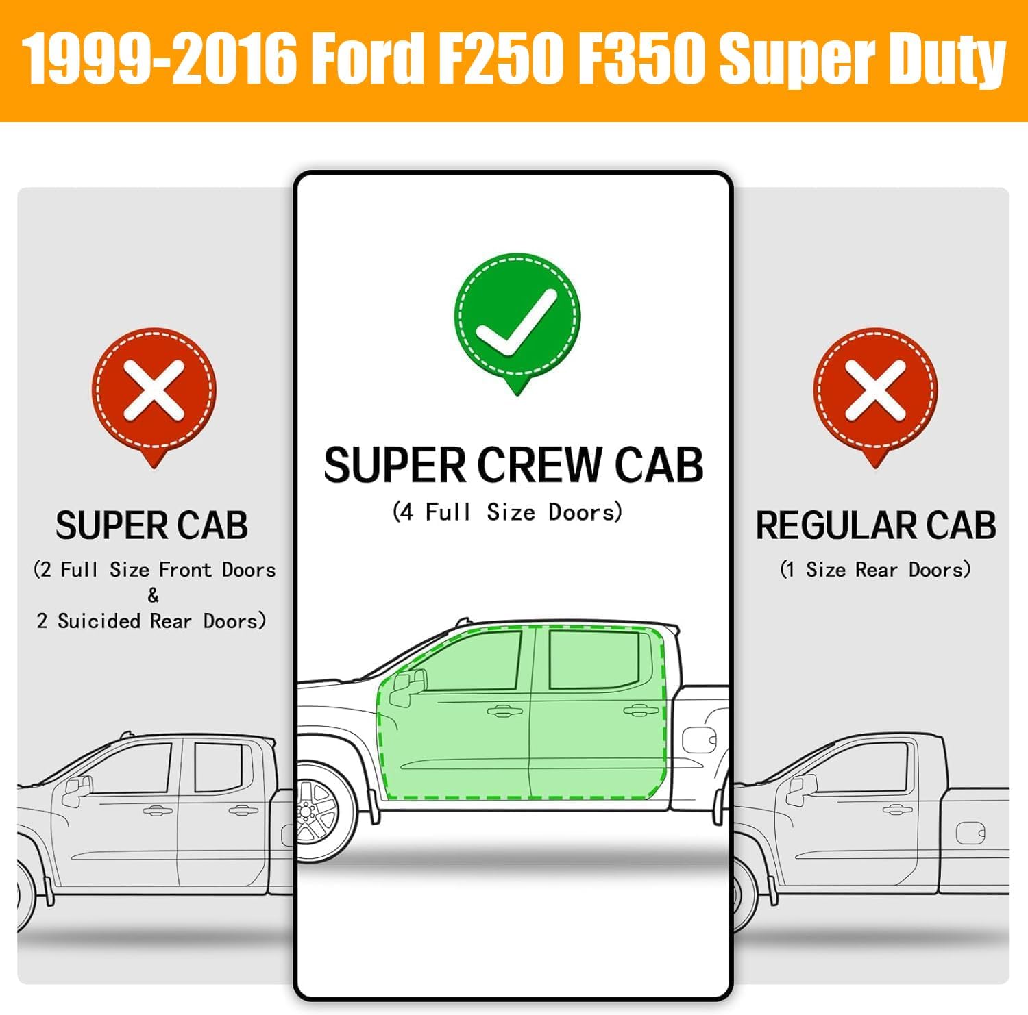 Truck running boards compatible with 1999-2016 Ford F250 F350 F450 superduty crew cab. Only compatible with crew cab. Please check the cab size before purchase.