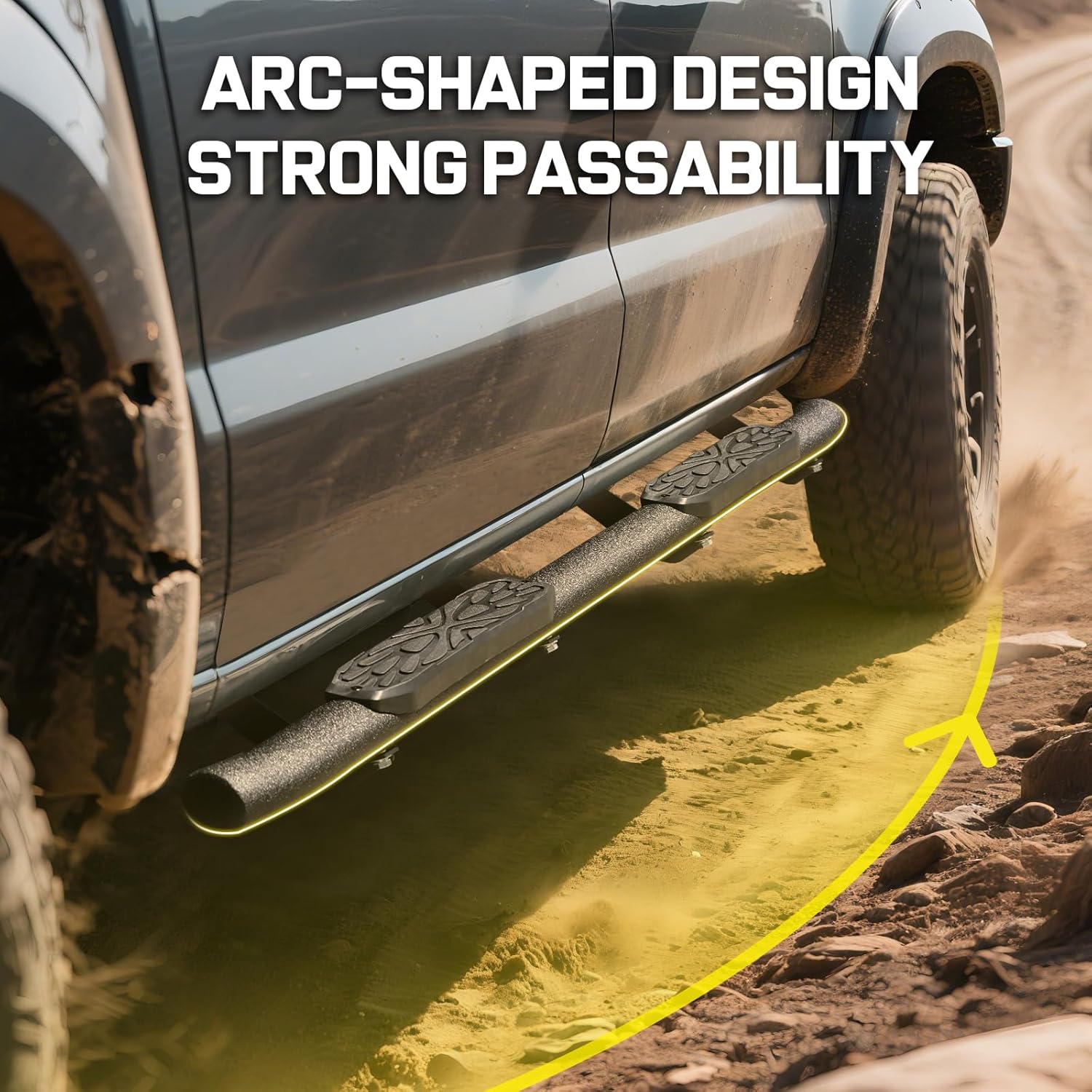 Running boards with an arc-shaped design on a muddy terrain, emphasizing strong passability. Curved Structure Reduces Risk of Cuts on Rough Roads