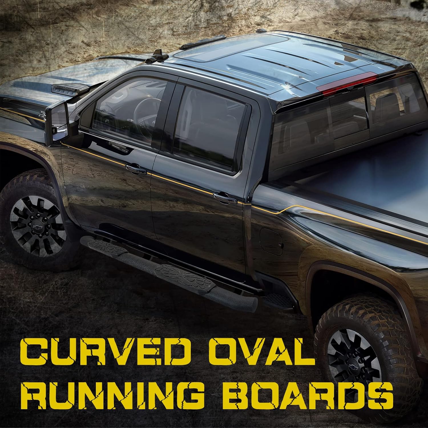 The curved oval design of the side steps increases the proper spacing between the step bar and the truck, makes the truck more compatible with the side steps.