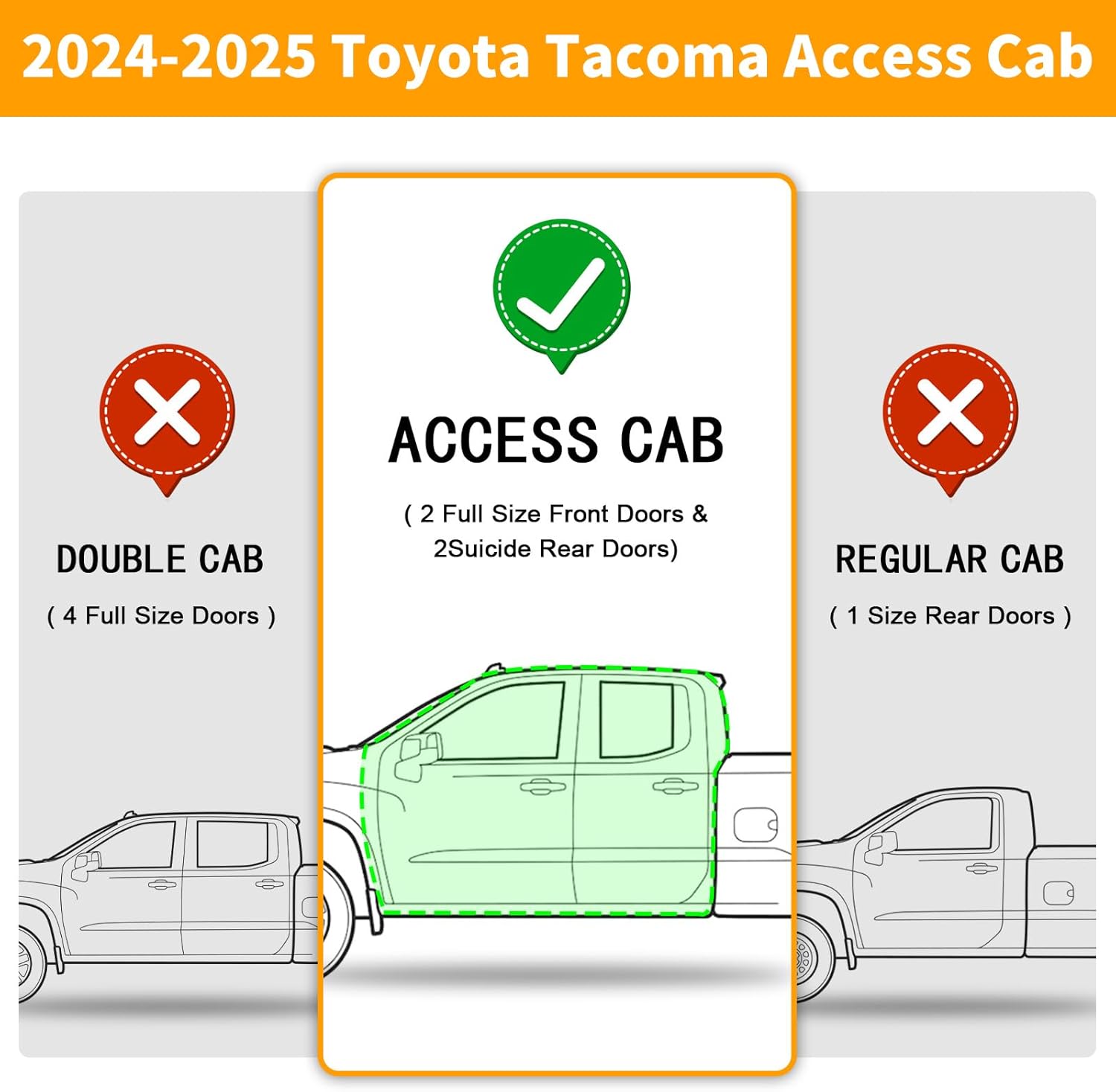 Trcuk running boards compatible with 2024 2025 Toyota Tacoma Xtra cab/Access cab with 2 full-size front doors and 2 half-size rear doors. 