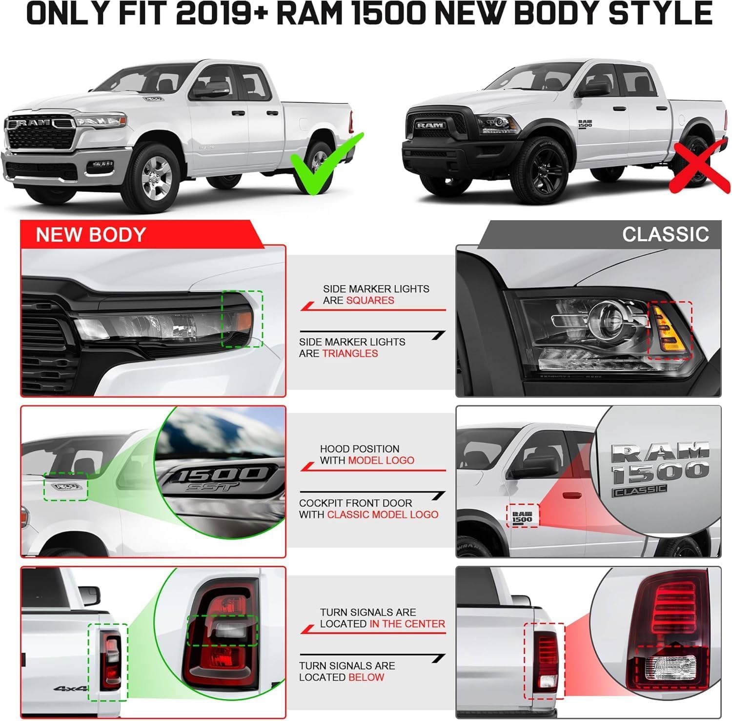 Truck running boards Compatible with 2019-2026 Dodge Ram 1500 Crew Cab with 4 Full-size Doors. Only fit for ram 1500 new body style, not for classic model or ram 2500 3500 . It does not for Quad Cab with 2 half-size rear doors.