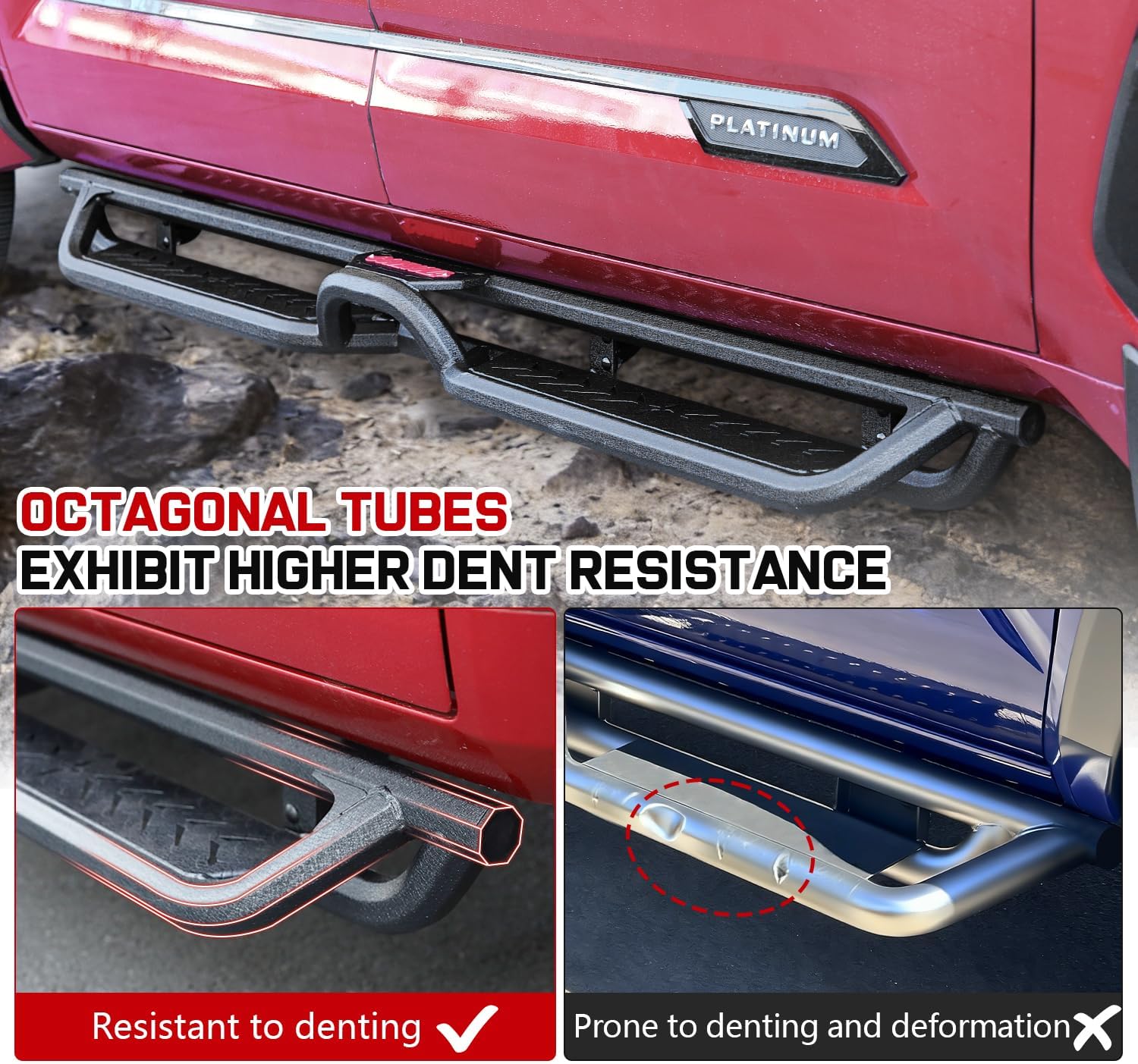  An uniform-coverage e-coating process improves the overall corrosion resistance of our step bars while providing excellent adhesion to prevent coating peeling. An additional layer of pure black rust-proof powder coating is applied to enhance the gloss of the side steps.