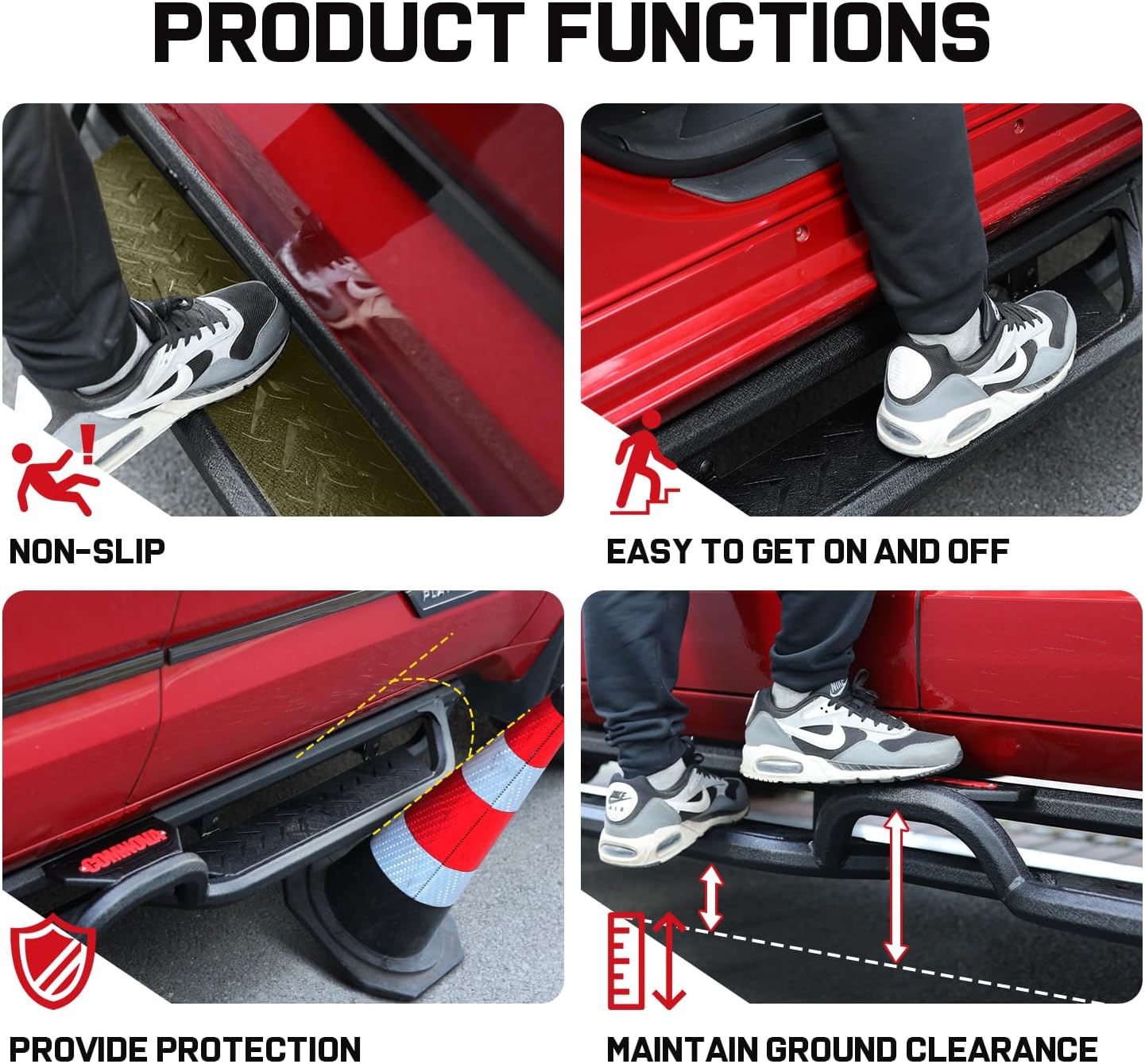 The Jeep side steps feature an innovative two-step design that strikes the perfect balance between practicality and safety. 