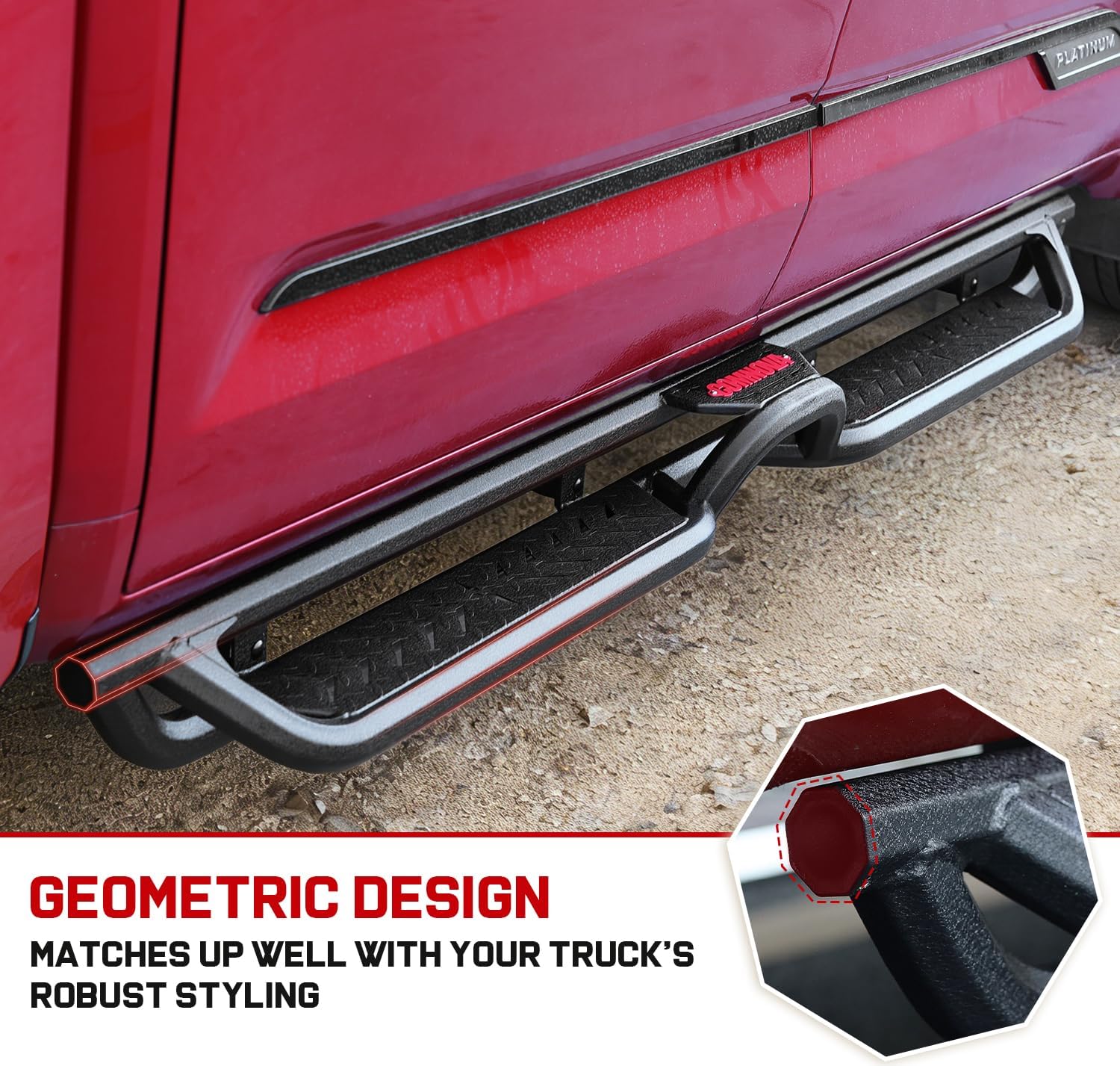 The truck side steps feature a geometric design combined with octagonal cutting techniques, creating a distinctive appearance. This design enhances structural strength and durability, effectively preventing dents and deformation. Additionally, its aesthetic seamlessly integrates with the truck's streamlined silhouette, adding a rugged aesthetic to the entire vehicle.