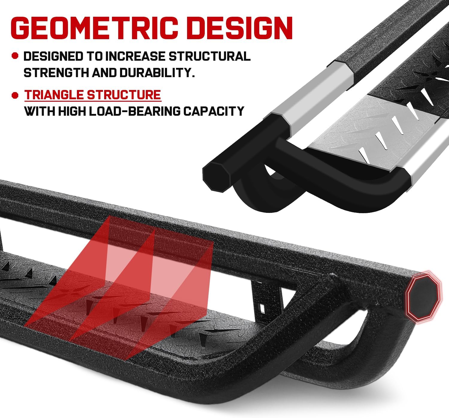 Geometric design of a metal bar with text on structural strength and durability.