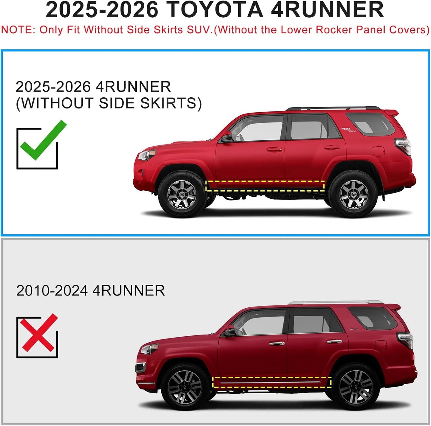 Truck running boards Compatible with the 2025-2026 Toyota 4Runner(without side skirts). Does not compatible with 2010-2024 Toyota 4Runner.