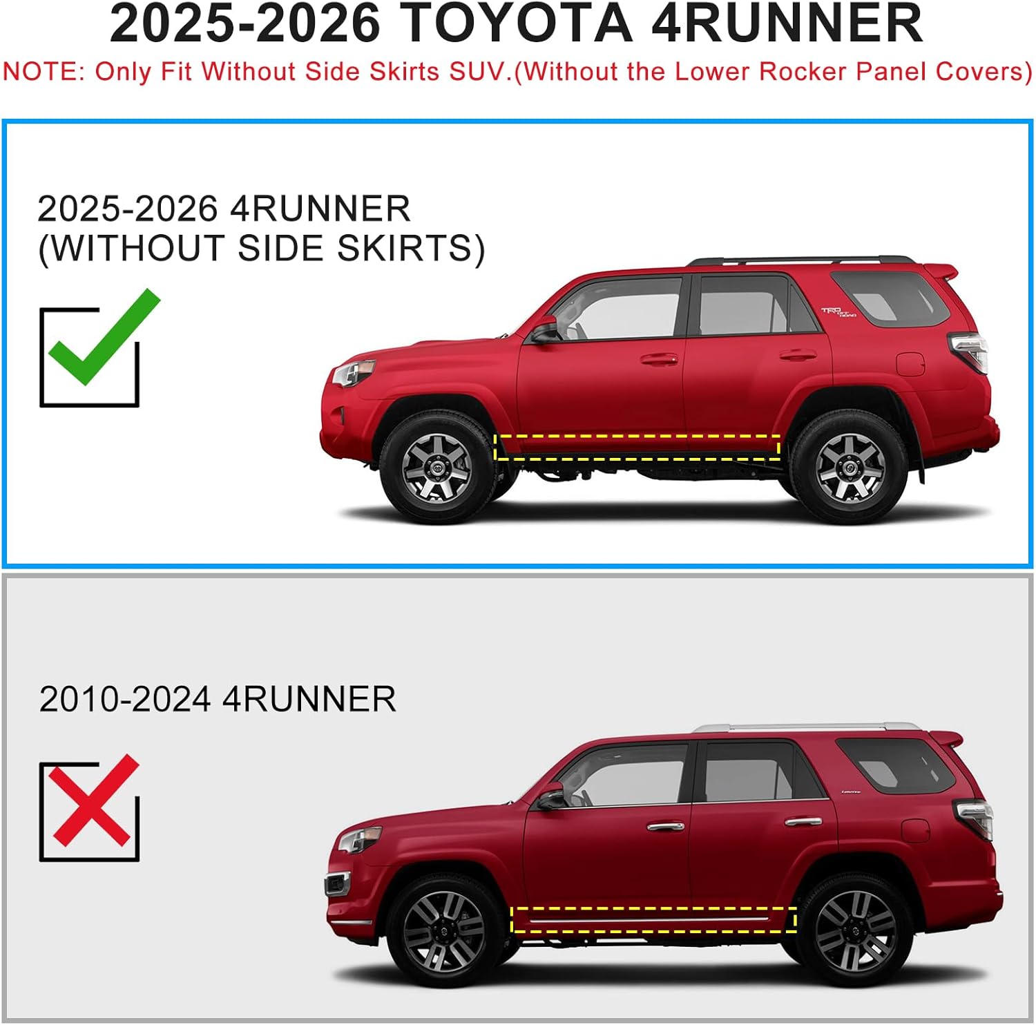 Truck running boards Compatible with the 2025-2026 Toyota 4Runner(without side skirts). Does not compatible with 2010-2024 Toyota 4Runner.