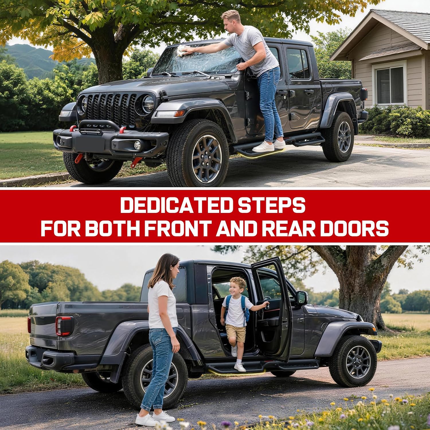  Adopts a practical two-stairs design. The upper step offers stable support, easy to carry out activities such as dismantling the car's soft roof or cleaning the roof. The lower step ensures smooth daily entry and exit, which is especially friendly for elders and kids to get on and off safely and effortlessly.