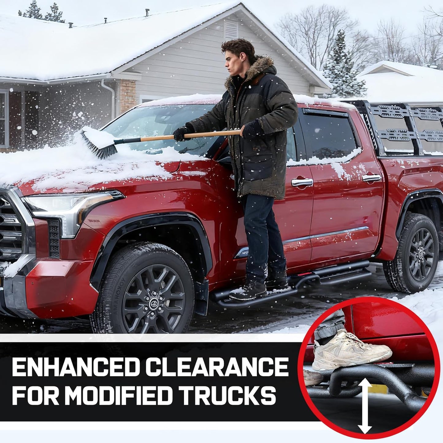 Our side steps feature an 80mm thickened main crossbeam design. This extra-thick tubular structure not only ensures a tight fit between the step and the truck but also enhances the main beam's load-bearing capacity, effectively preventing deformation while lending a rugged aesthetic to the overall appearance.