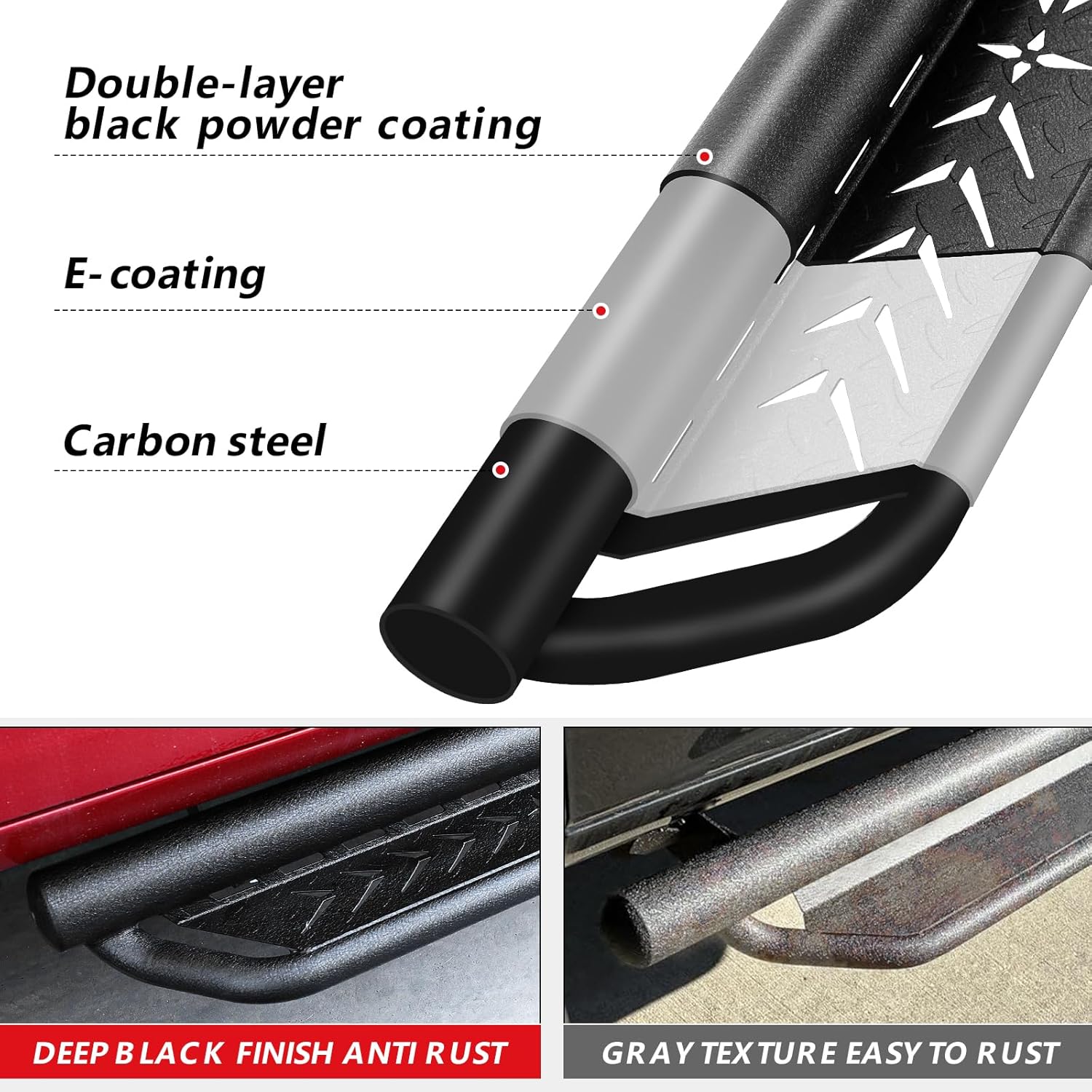 Our running boards feature a true, deep black finish—no gray undertones. This pure black coating dramatically enhances the textured surface and dual-step design, giving your truck a seamless, custom look. It’s not just color; it’s a promise of style and durability.
