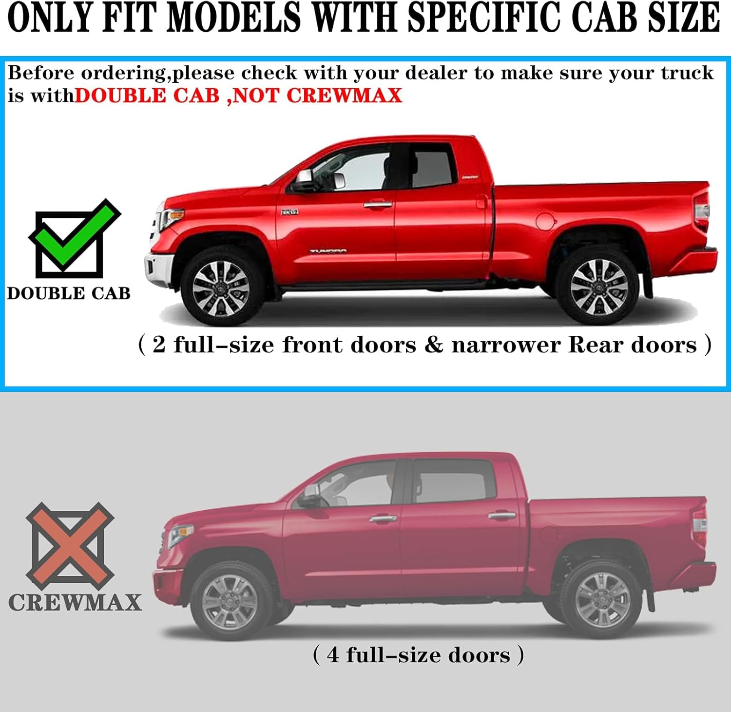 Compatible For 2007 2008 2009 2010 2011 2012 2013 2014 2015 2016 2017 2018 2019 2020 2021 Toyota Tundra Double cab (3/4 Size Rear Doors)