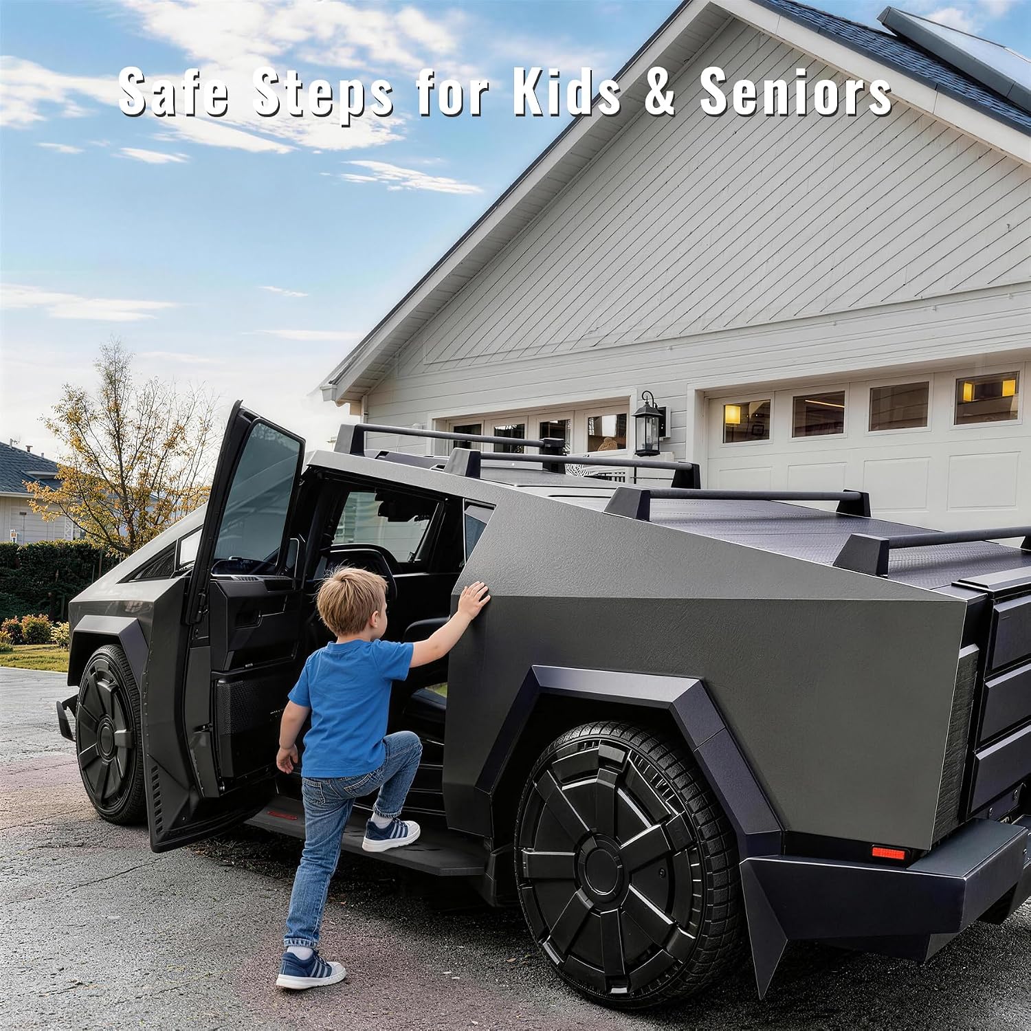 The Cybertruck comes with a high ride height, which makes it inconvenient for elderly family members and young kids to get in and out of the vehicle. Equipped with a hollow anti-slip surface, these side steps create a stable and reliable foothold. It greatly improves convenience and safety for daily travel for your whole family.
