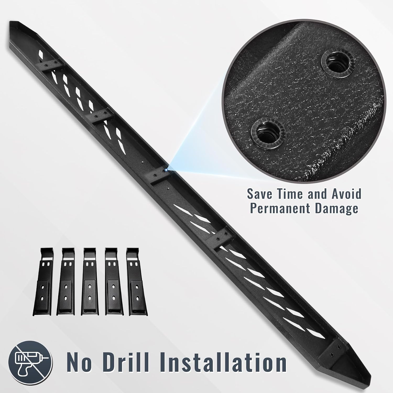 No drilling or modification is required. Include two steps(one left and one right ), mounting brackets, hardware, and instructions.