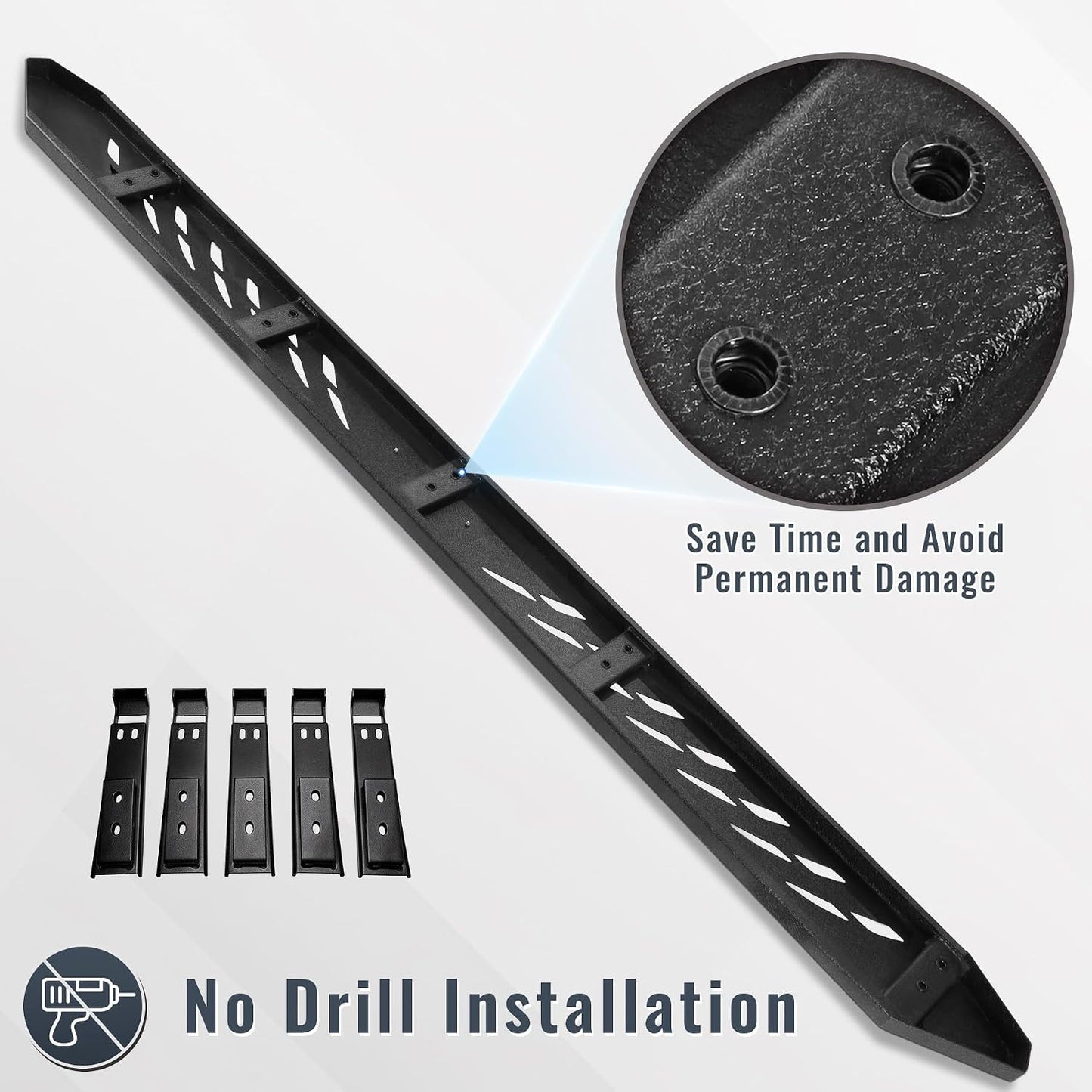 No drilling or modification is required. Include two steps(one left and one right ), mounting brackets, hardware, and instructions.
