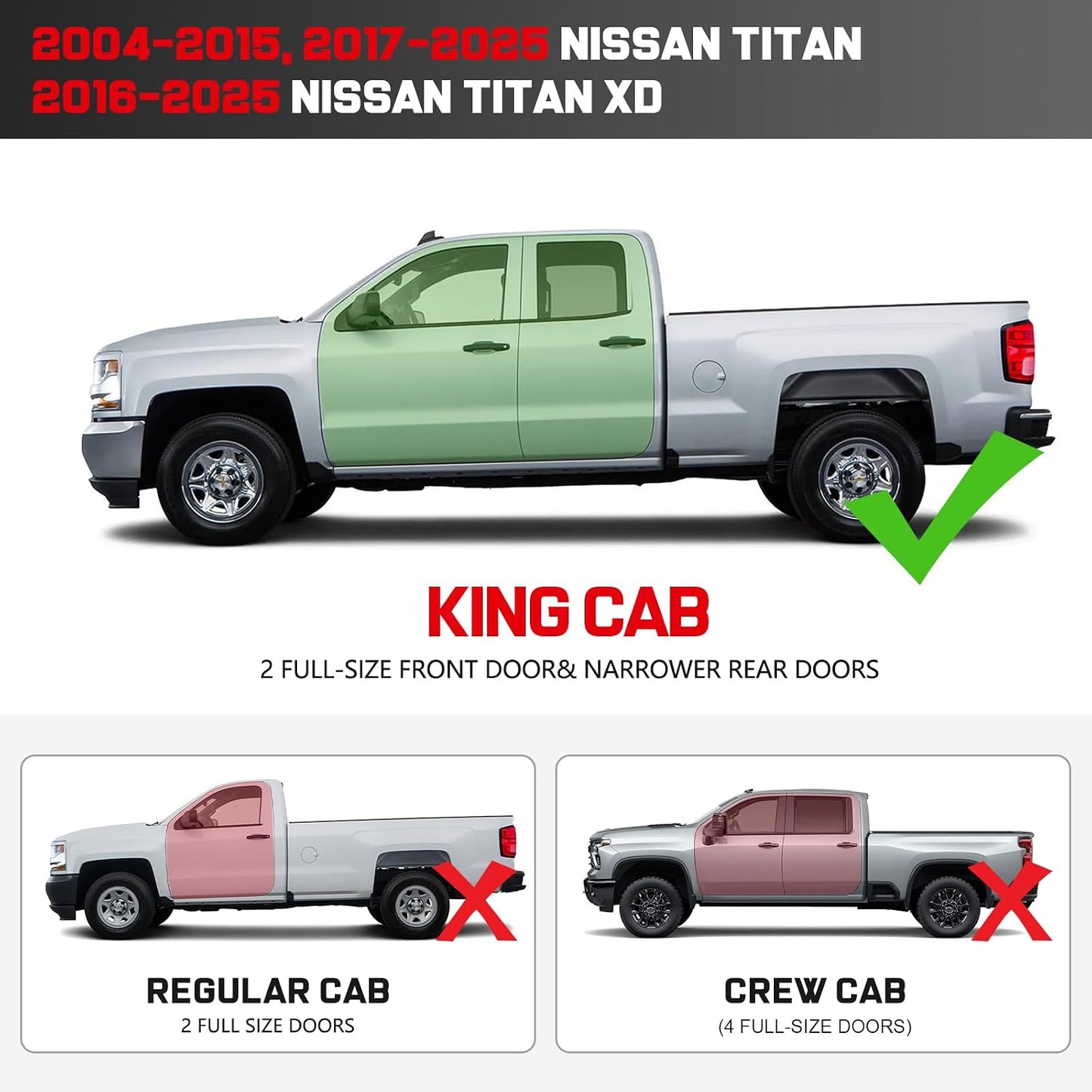 Truck Running Boards compatible with 2004-2025 Nissan Titan King Cab with 2 Narrow Rear Doors (Excludes 2016 Models) & 22016-2025 NissanTitan XD King Cab.