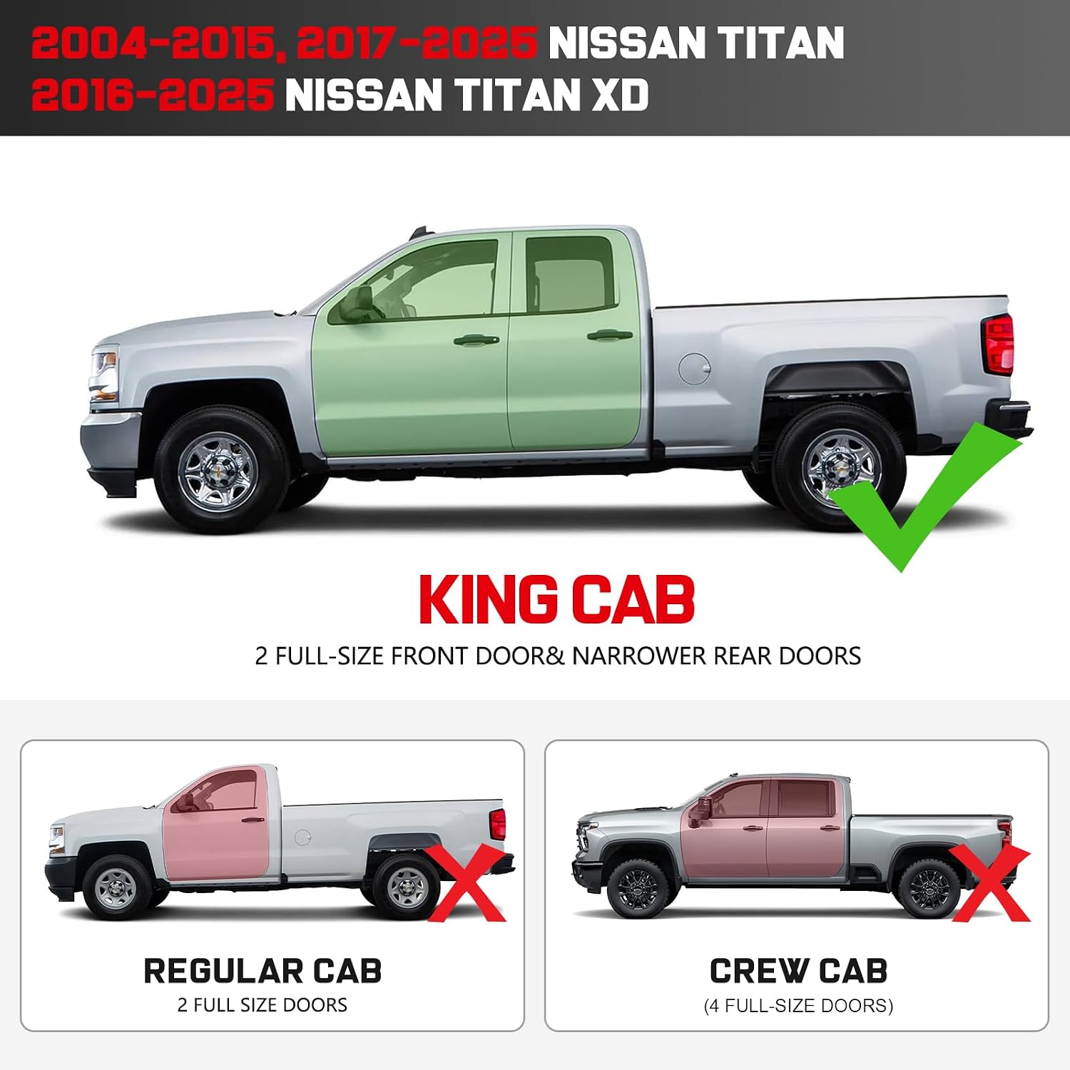 Truck Running Boards compatible with 2004-2025 Nissan Titan King Cab with 2 Narrow Rear Doors (Excludes 2016 Models) & 22016-2025 NissanTitan XD King Cab.