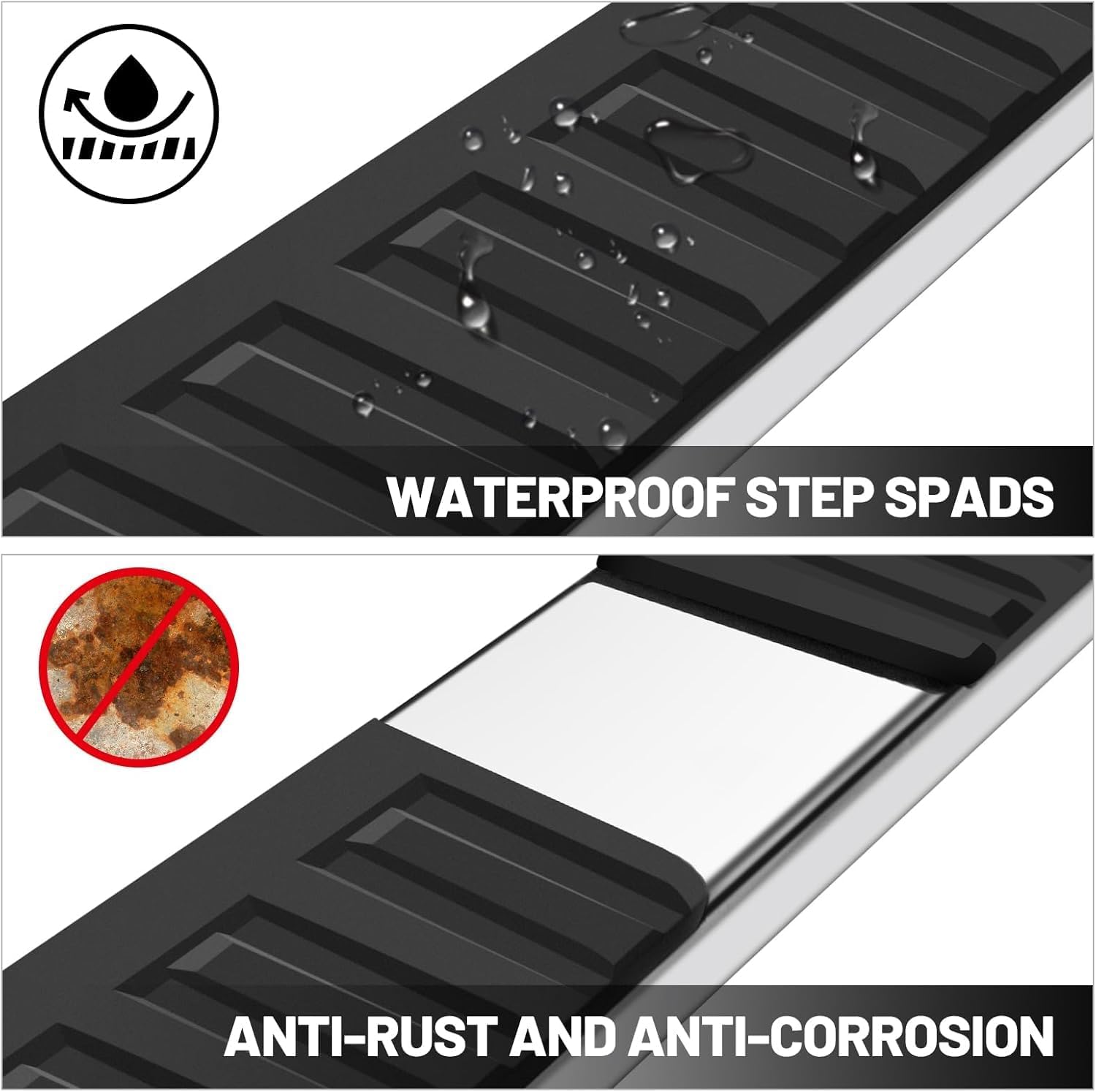 Running Boards for toyota, made with high light stainless steel and anti-slip plastic steps. They can resist the corrosion of salt spray and withstand uv radiation without discoloration.