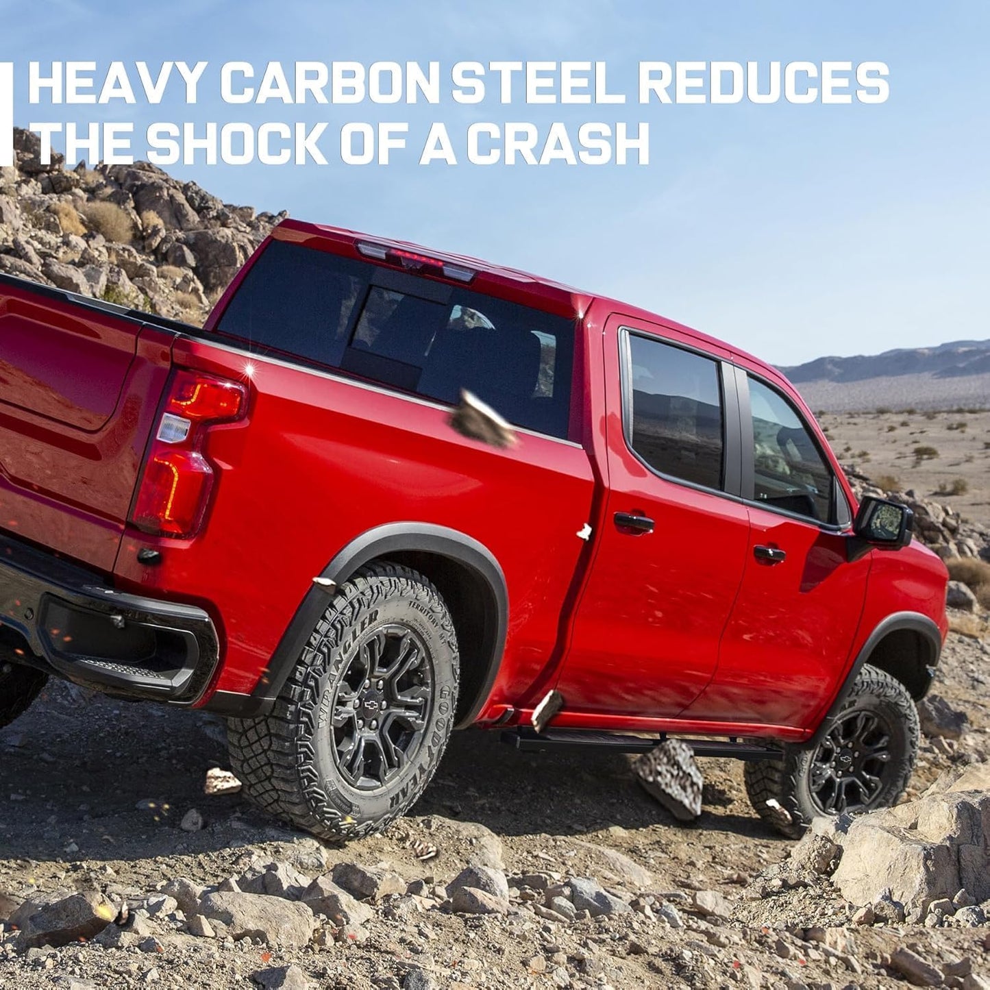 Running boards for toyota made with black anti-rust powder-coated heavy-duty carbon steel that can resist the corrosion of salt spray and withstand UV radiation without discoloration. 