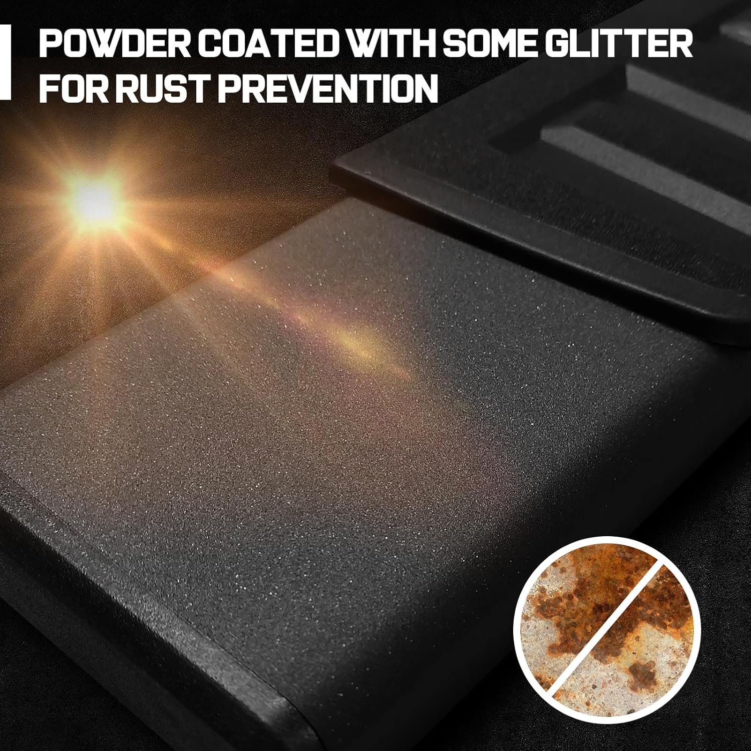 Powder-coated surface with glitter for rust prevention.