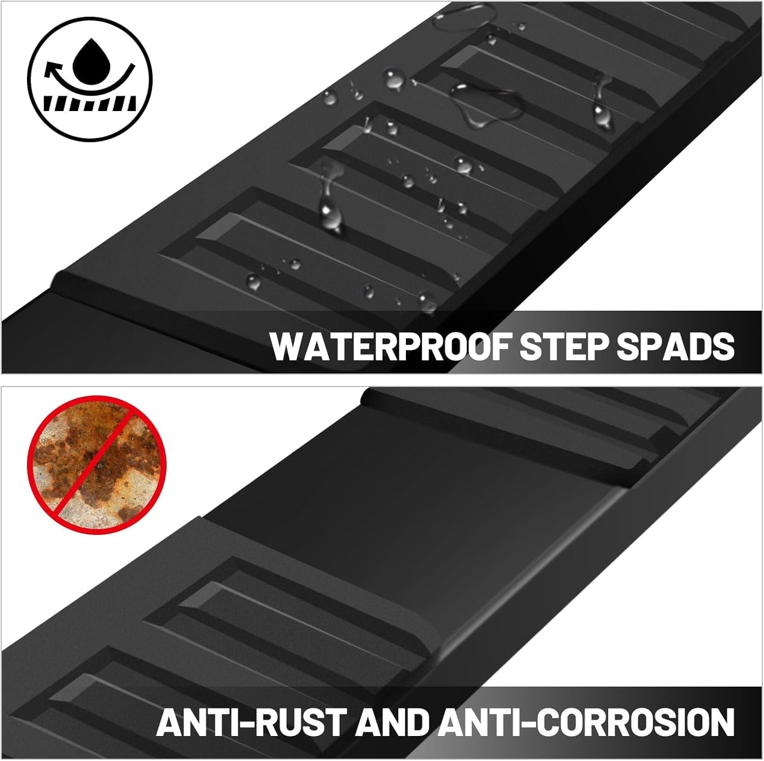 Running boards for Silverado crew cab, made with heavy-duty galvanized steel and anti-slip plastic steps. Powder coated with some glitter for rust prevention while making your running boards look more stylish and outstanding. 6-inch wide step offer a secure footing from which you can step up into your truck.
