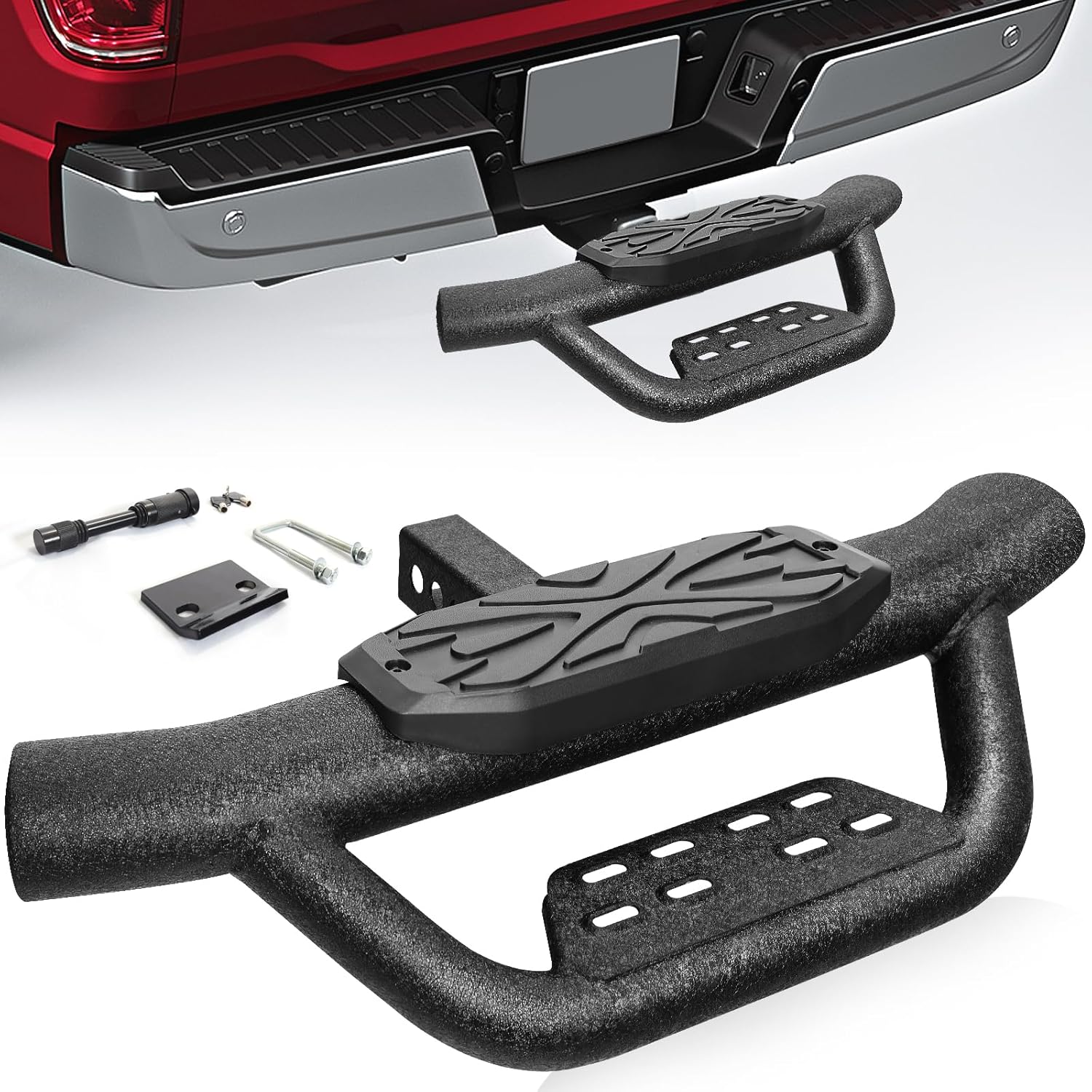 COMNOVA Double Layer Tow Hitch Step for 2" Hitch Receiver, Carbon Steel with Dual-Stage Black Powder Anti-Slip Trailer Hitch Step Universal Fit for Trucks SUV Car Van